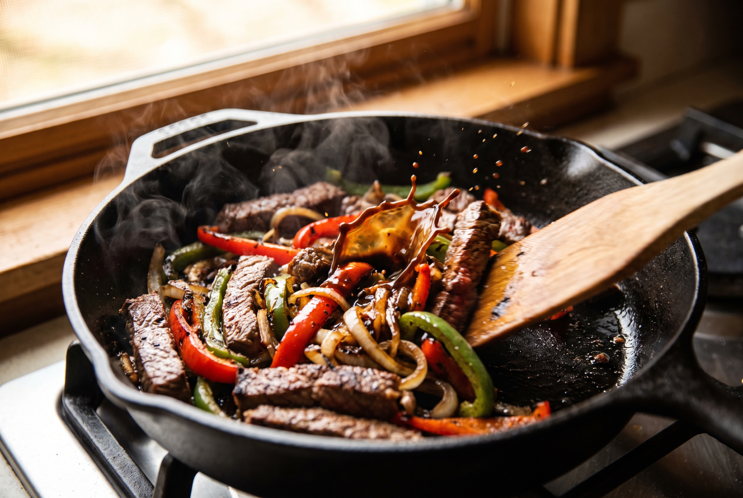 Close-up process photo of seared steak, peppers and onions being tossed together with Worcestershire sauce in a cast iron skillet