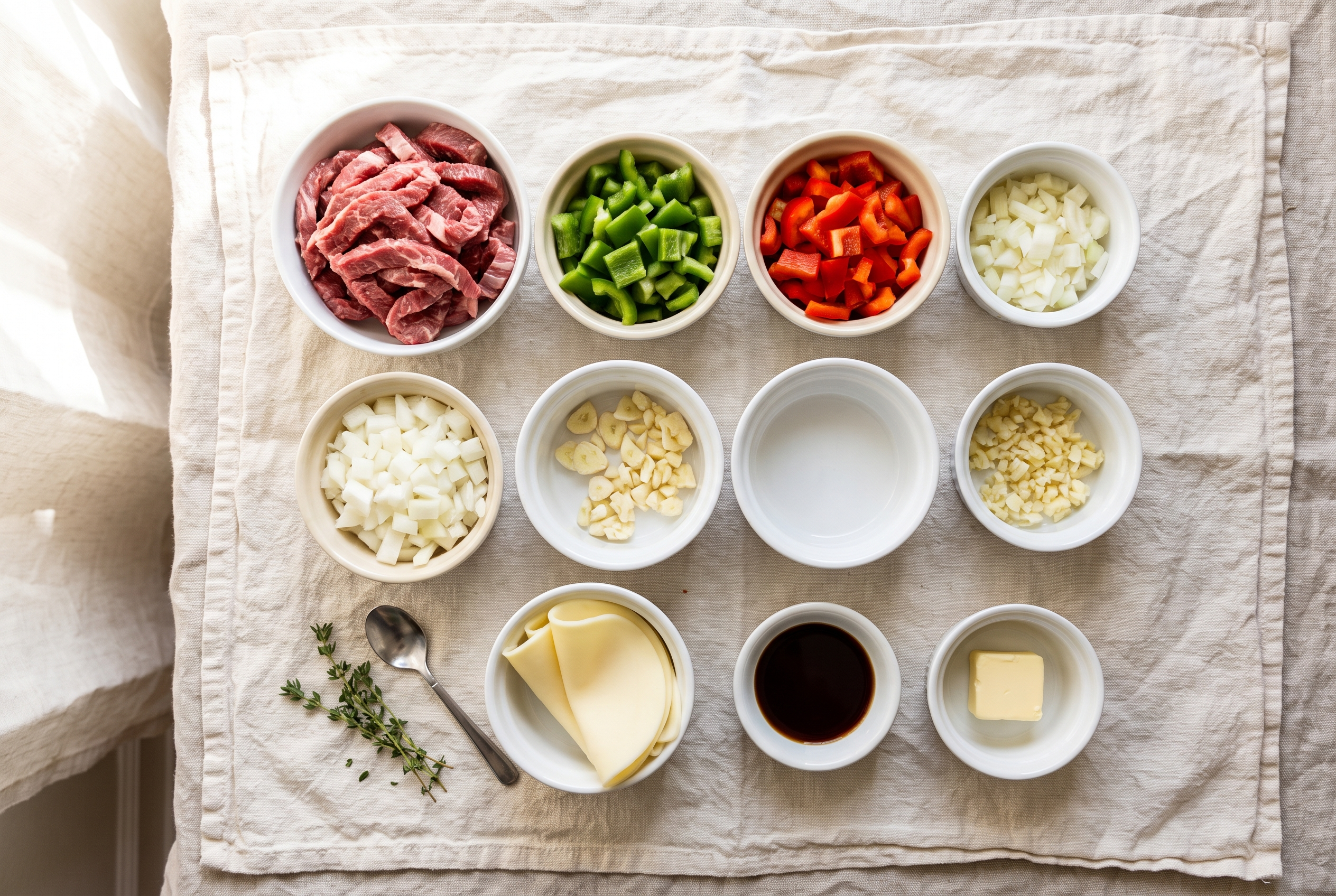 Overhead flat-lay of ingredients for philly cheesesteak skillet in small white bowls — thin-sliced ribeye, green and red bell peppers, onion, garlic, provolone slices, Worcestershire sauce, butter and seasoning