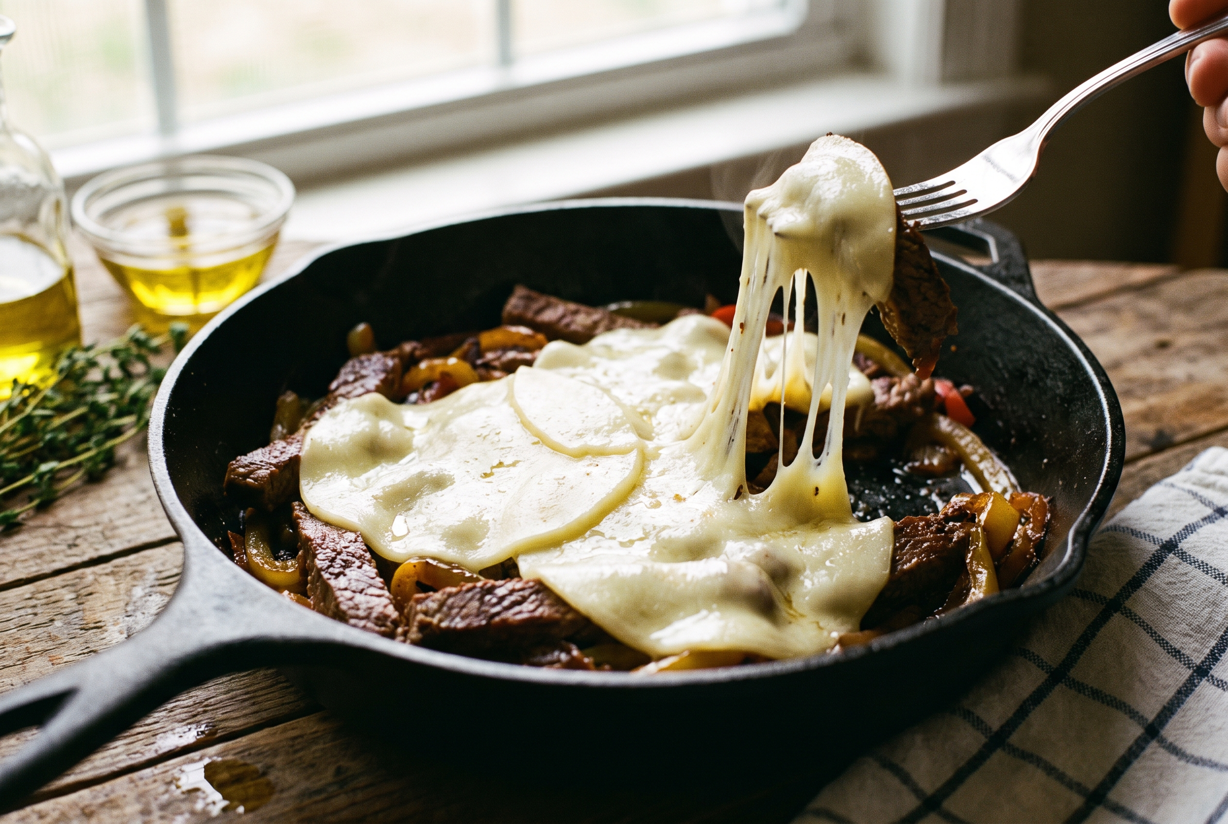 Close-up process photo of provolone slices melting into a blanket over steak and peppers in a cast iron skillet, cheese pulling