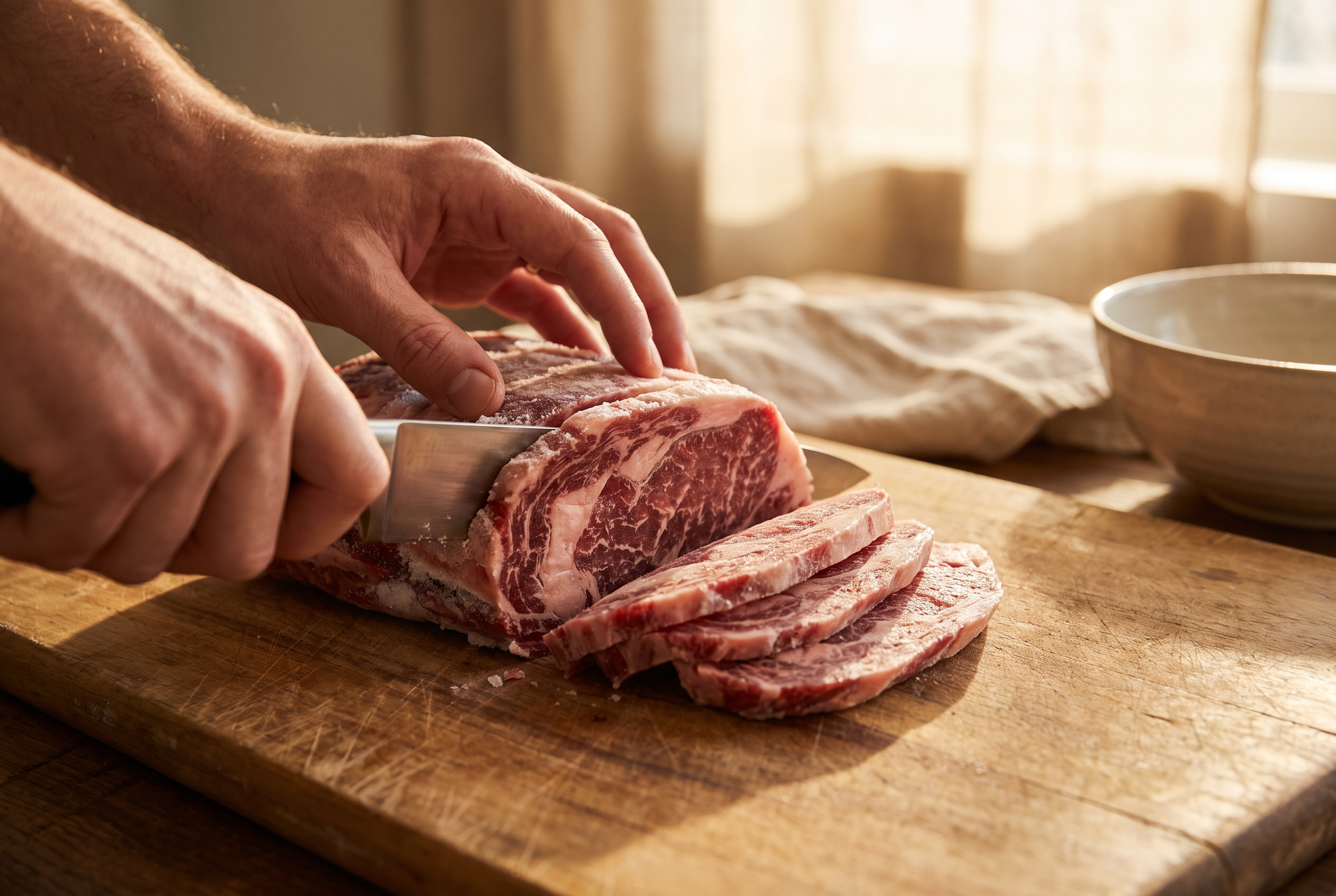 Close-up process photo of partially frozen ribeye being sliced paper-thin against the grain on a wooden board, warm window light