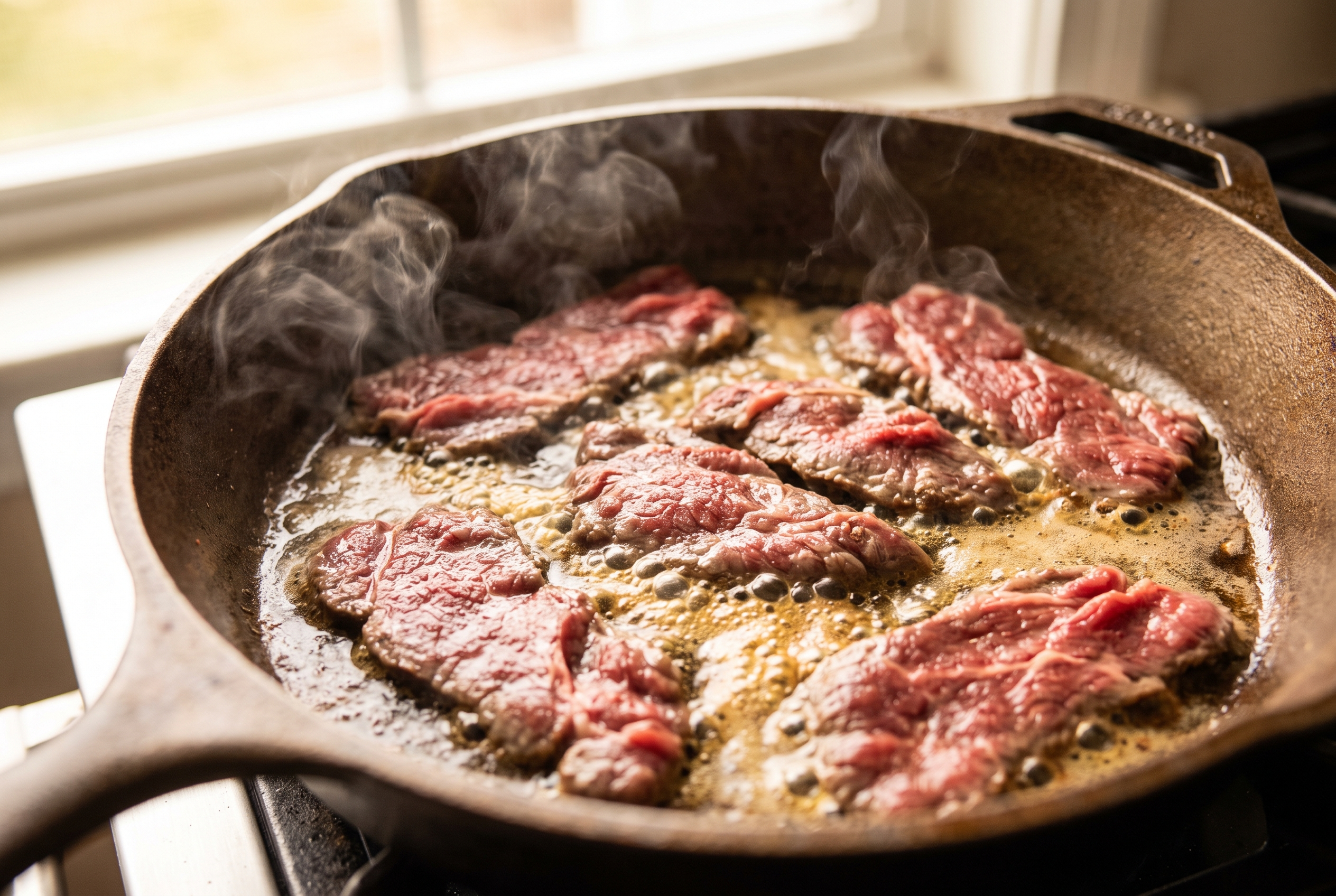 Close-up process photo of paper-thin sliced steak searing in a single layer in a hot buttered cast iron skillet, warm light