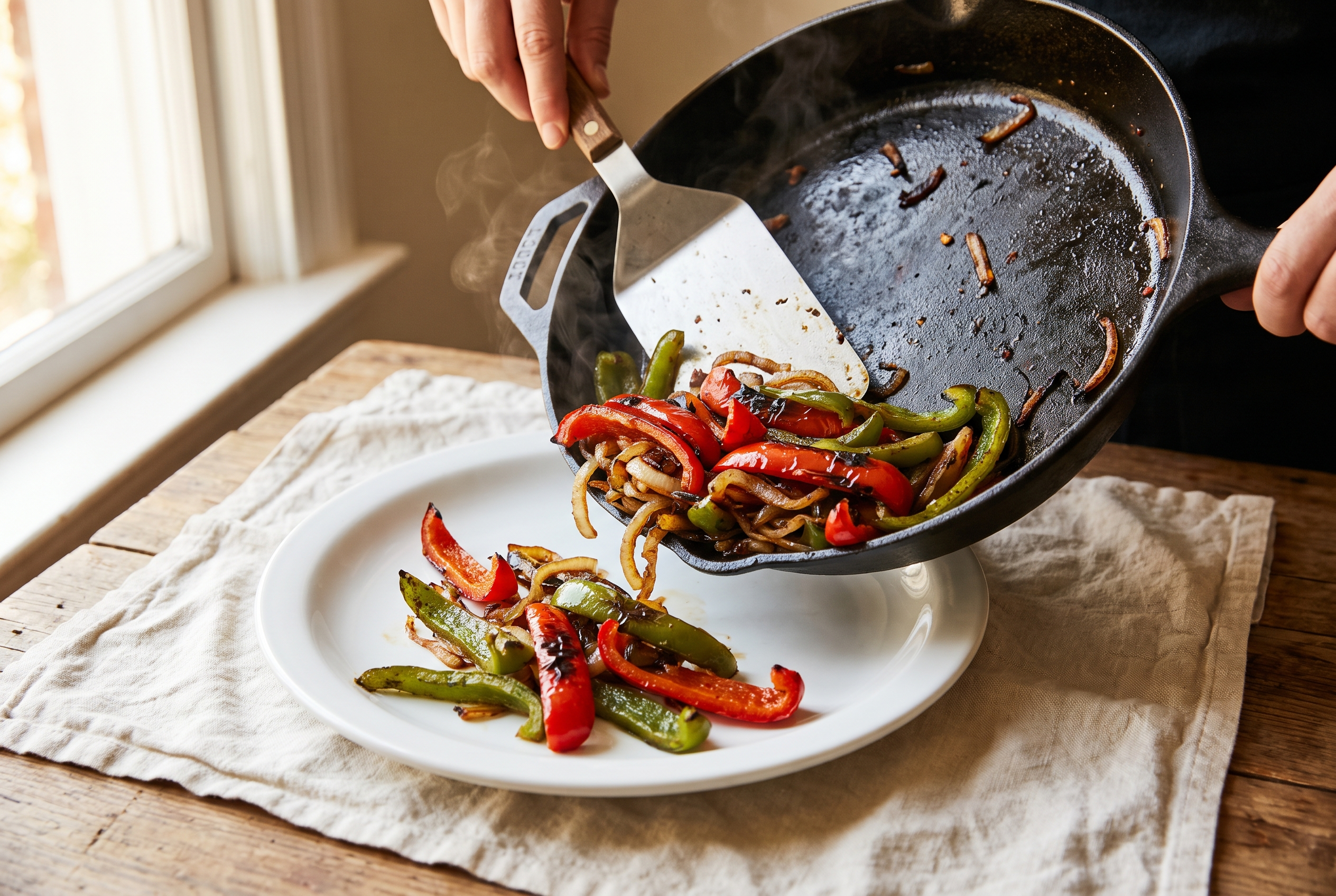 Close-up process photo of charred peppers and onions being scraped from a cast iron skillet onto a white plate, cream linen