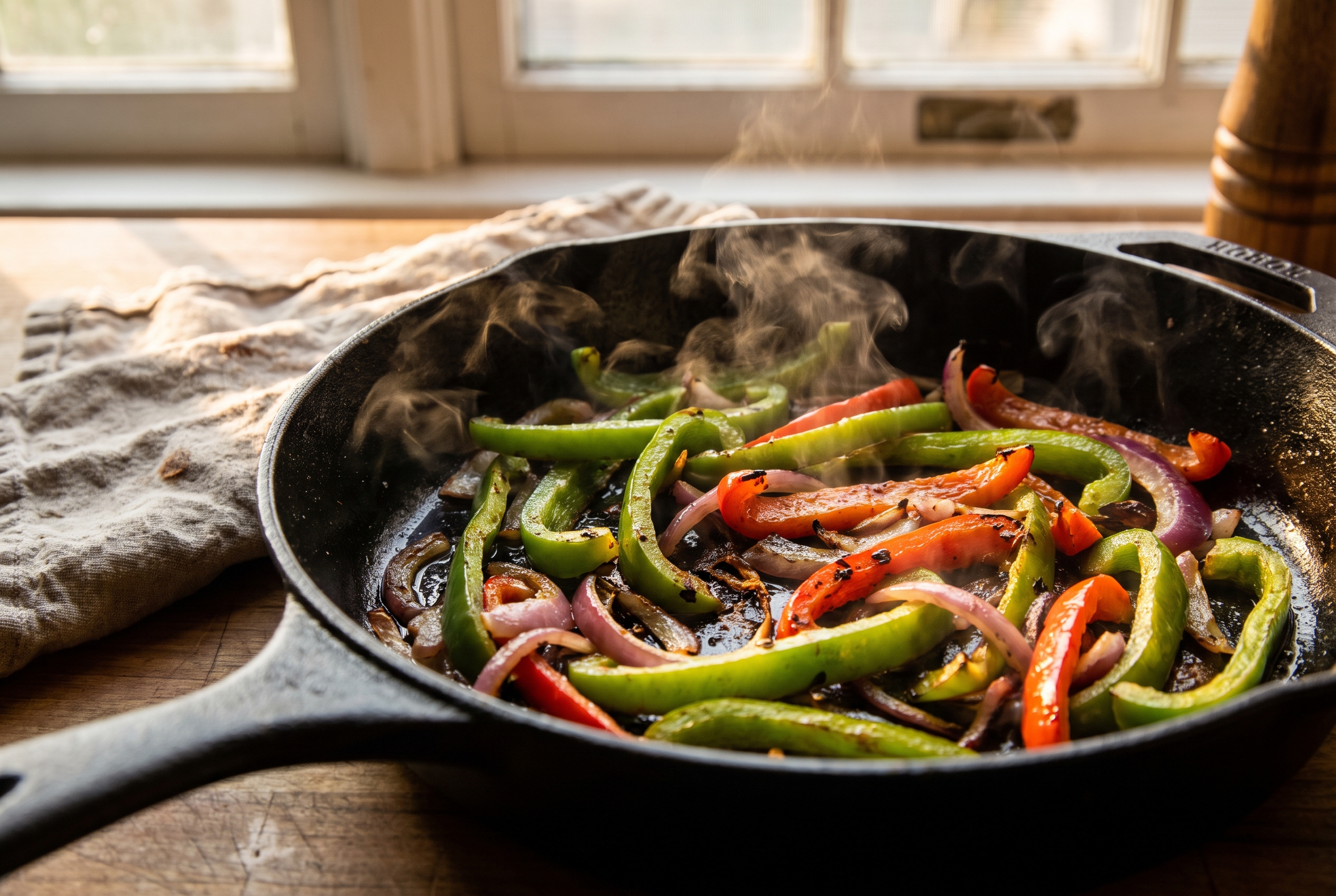 Close-up process photo of sliced green and red bell peppers and onions charring at the edges in a cast iron skillet, premium food blog style