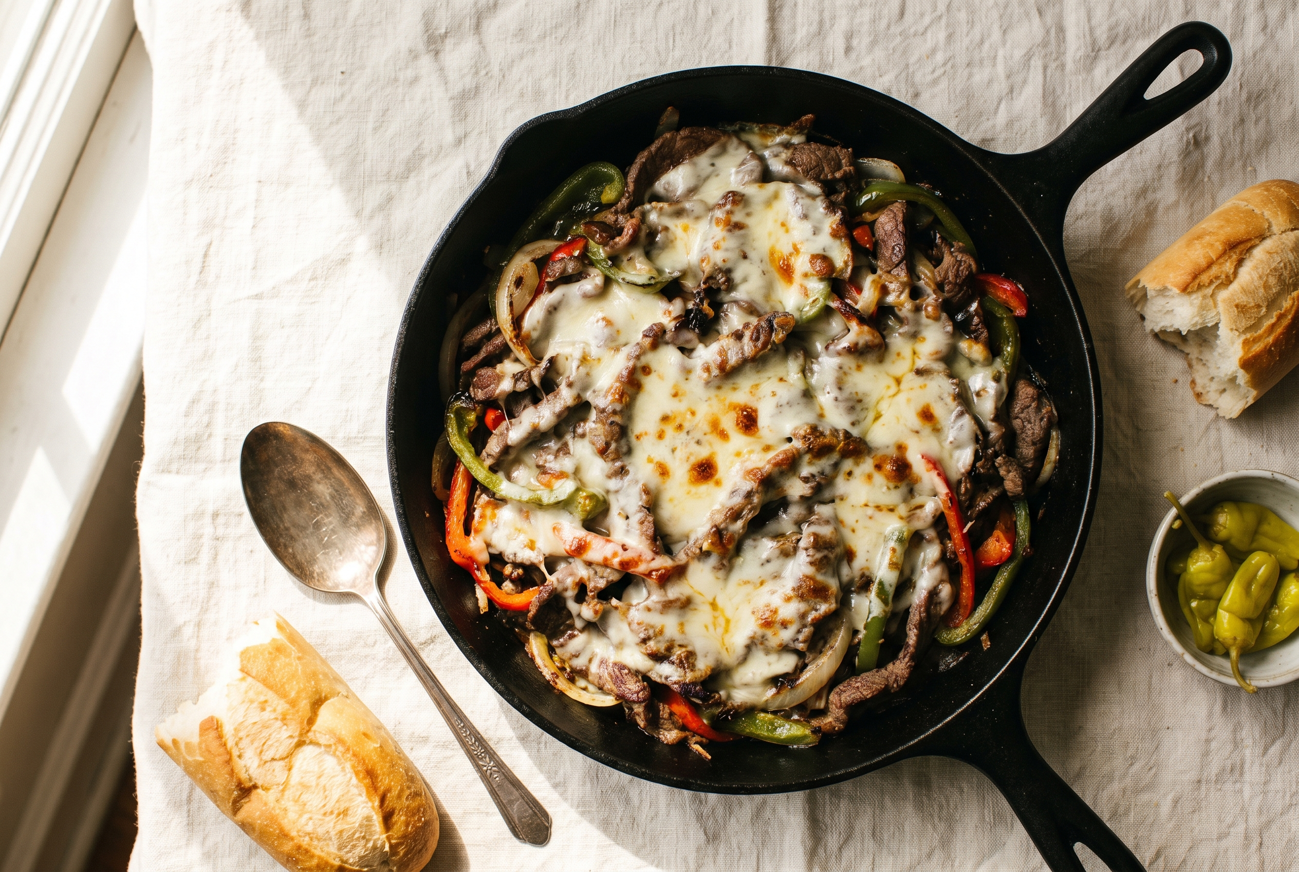 Philly cheesesteak skillet with thin-sliced steak, charred peppers and onions under bubbling melted provolone in a cast iron pan, easy 30-minute low carb dinner recipe