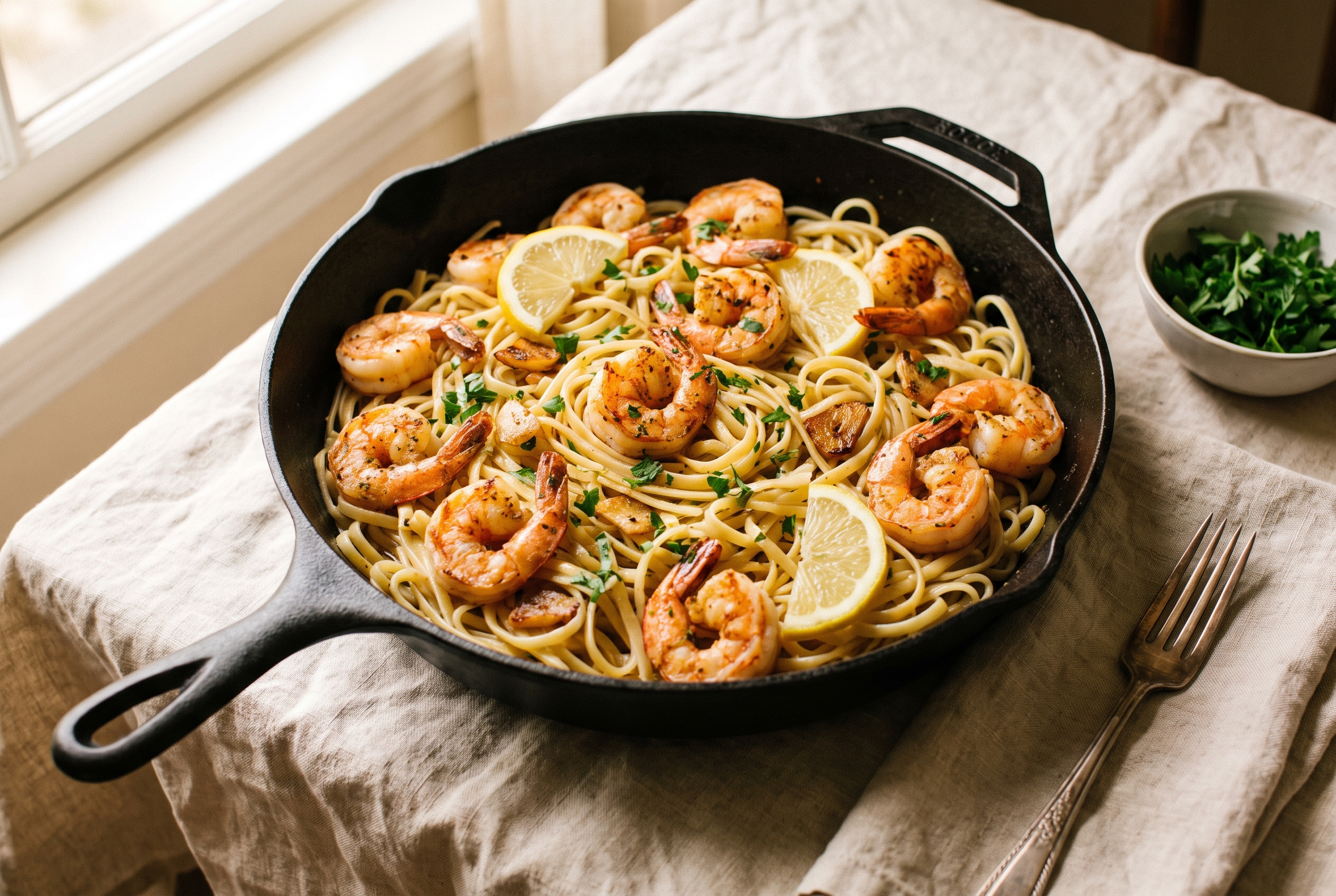 Shrimp scampi with plump garlic butter shrimp tossed through linguine, lemon slices and fresh parsley in a wide skillet, easy 20-minute dinner recipe