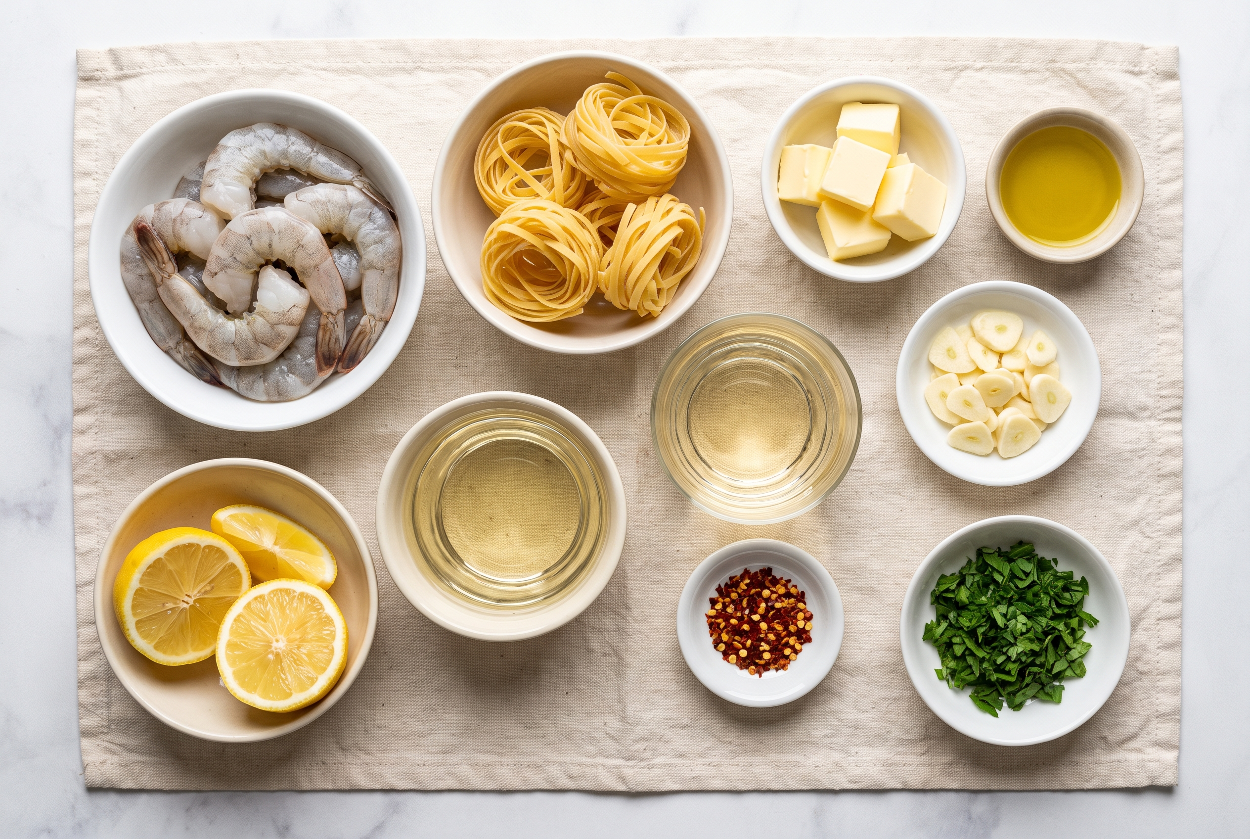 Overhead flat-lay of ingredients for shrimp scampi in small white bowls — large shrimp, linguine, butter, olive oil, sliced garlic, white wine, lemon, red pepper flakes and fresh parsley