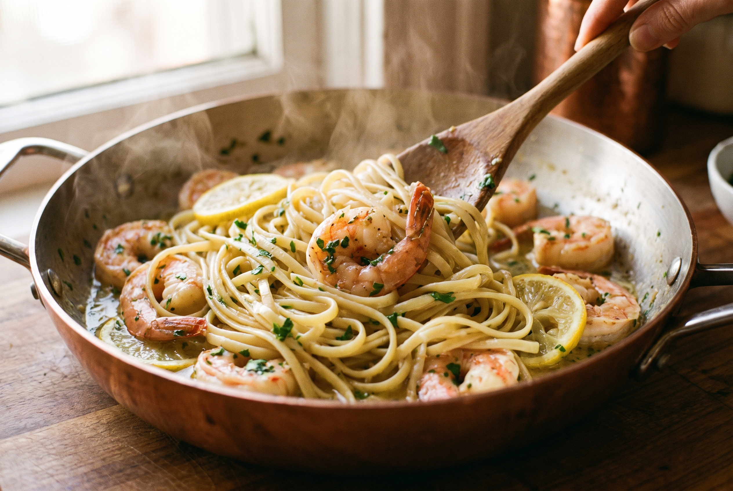 Close-up process photo of linguine and shrimp being tossed in glossy garlic butter sauce with parsley and lemon in a wide skillet