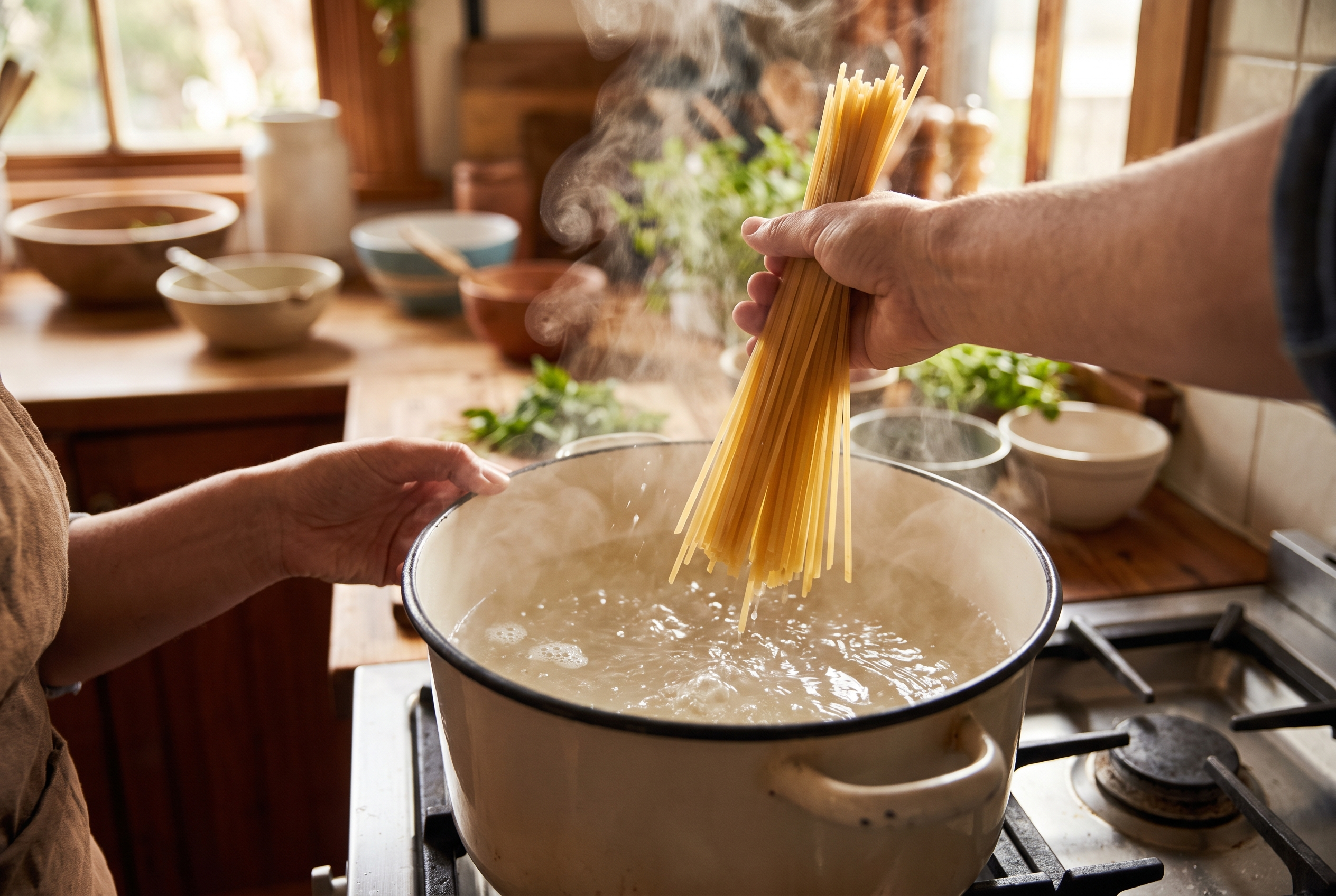 Close-up process photo of linguine going into a large pot of boiling salted water, steam rising, warm kitchen light