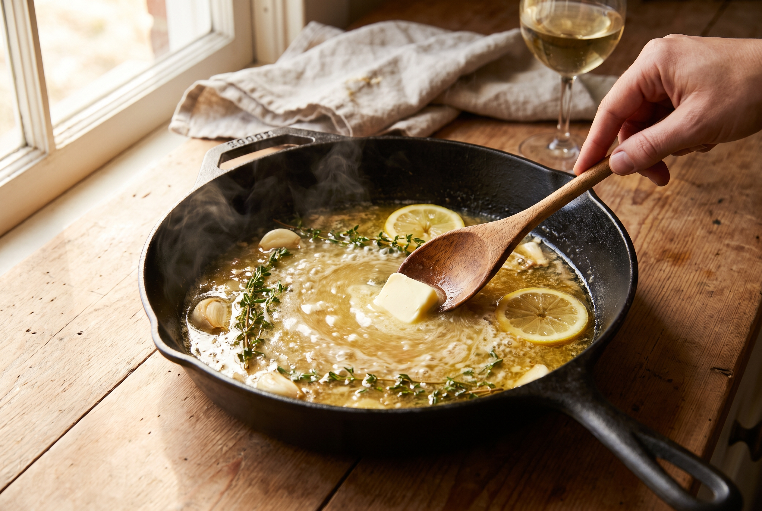 Close-up process photo of white wine reducing in a garlic butter skillet with lemon, butter being swirled in to emulsify