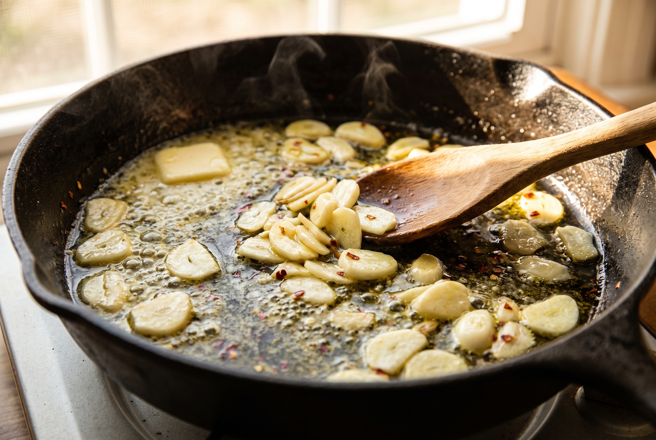 Close-up process photo of thinly sliced garlic softening to pale gold in butter and olive oil with red pepper flakes in a skillet