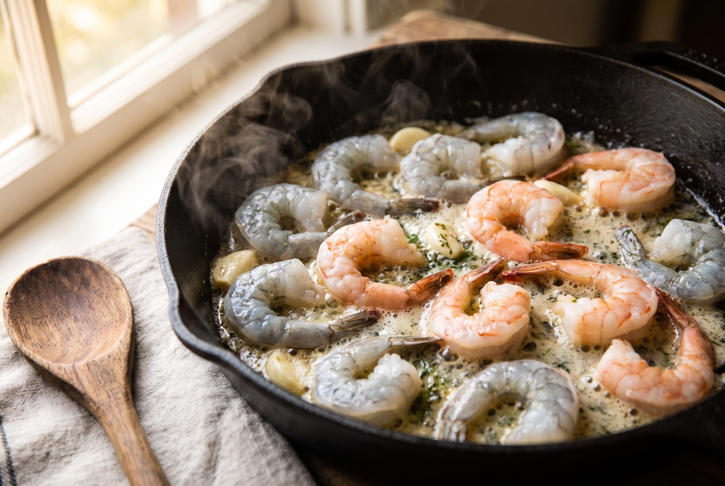 Close-up process photo of shrimp turning pink and curling in a single layer in a garlic butter skillet, premium food blog style