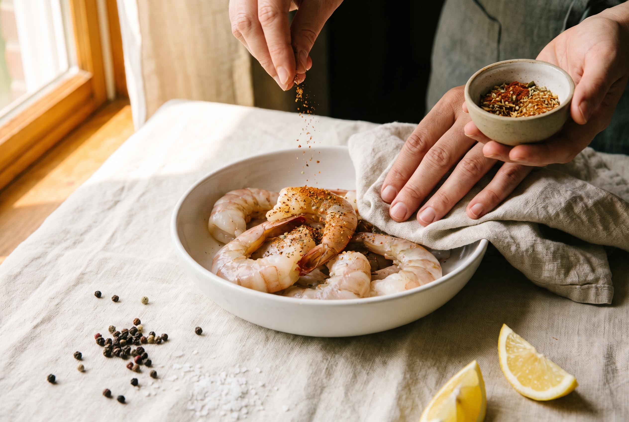 Close-up process photo of large peeled shrimp being patted dry and seasoned in a white bowl on cream linen