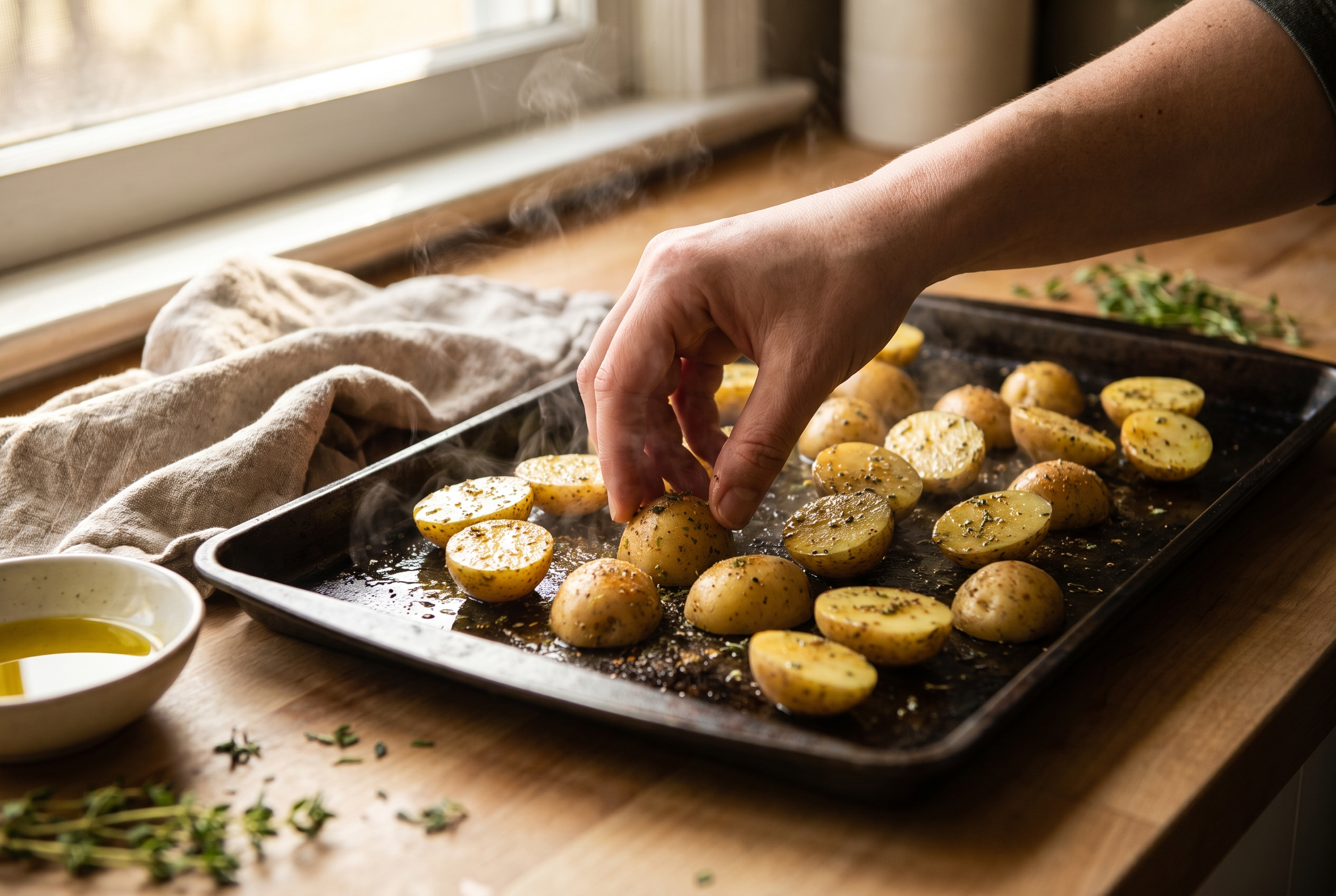 Close-up process photo of seasoned halved baby potatoes being arranged cut side down on a hot sheet pan