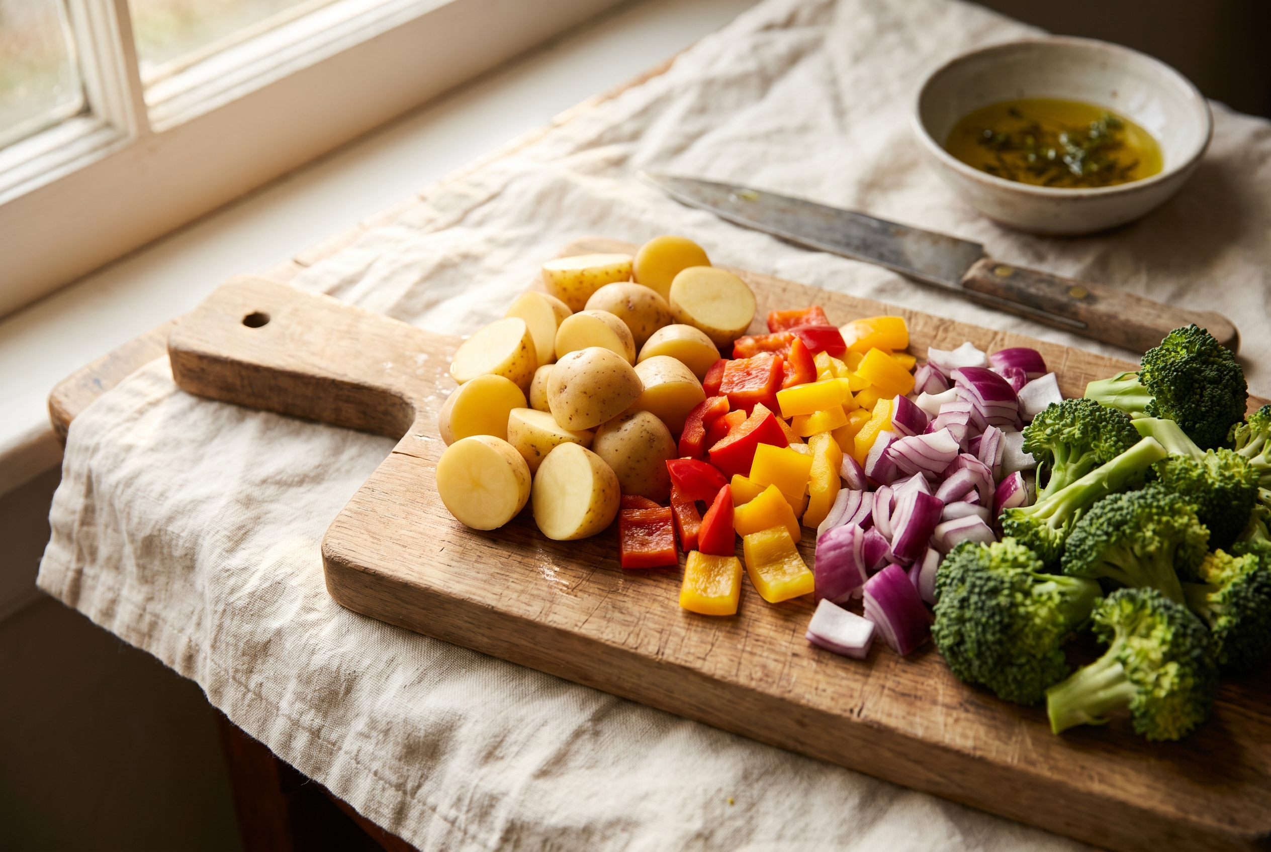 Close-up process photo of halved baby potatoes, chopped bell peppers, red onion and broccoli florets on a wooden board, cream linen