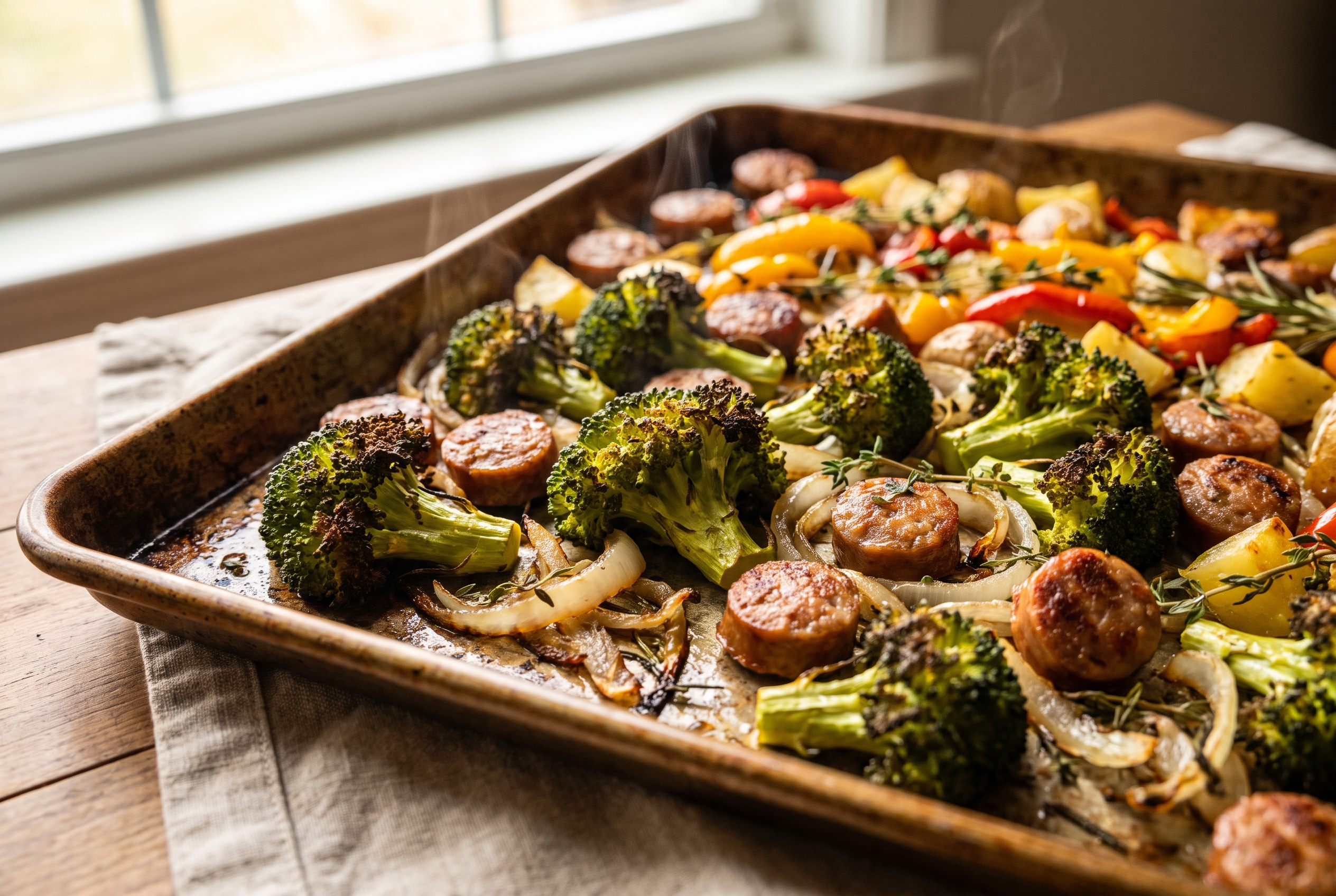 Close-up process photo of finished sheet pan sausage and veggies with charred broccoli edges and browned sausage coins, premium food blog style