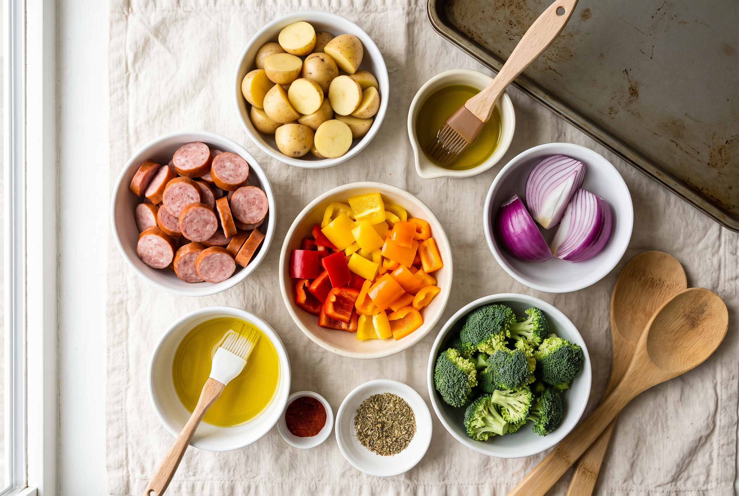 Overhead flat-lay of ingredients for sheet pan sausage and veggies in small white bowls — smoked sausage, baby potatoes, bell peppers, red onion, broccoli, olive oil, smoked paprika, garlic powder and Italian seasoning