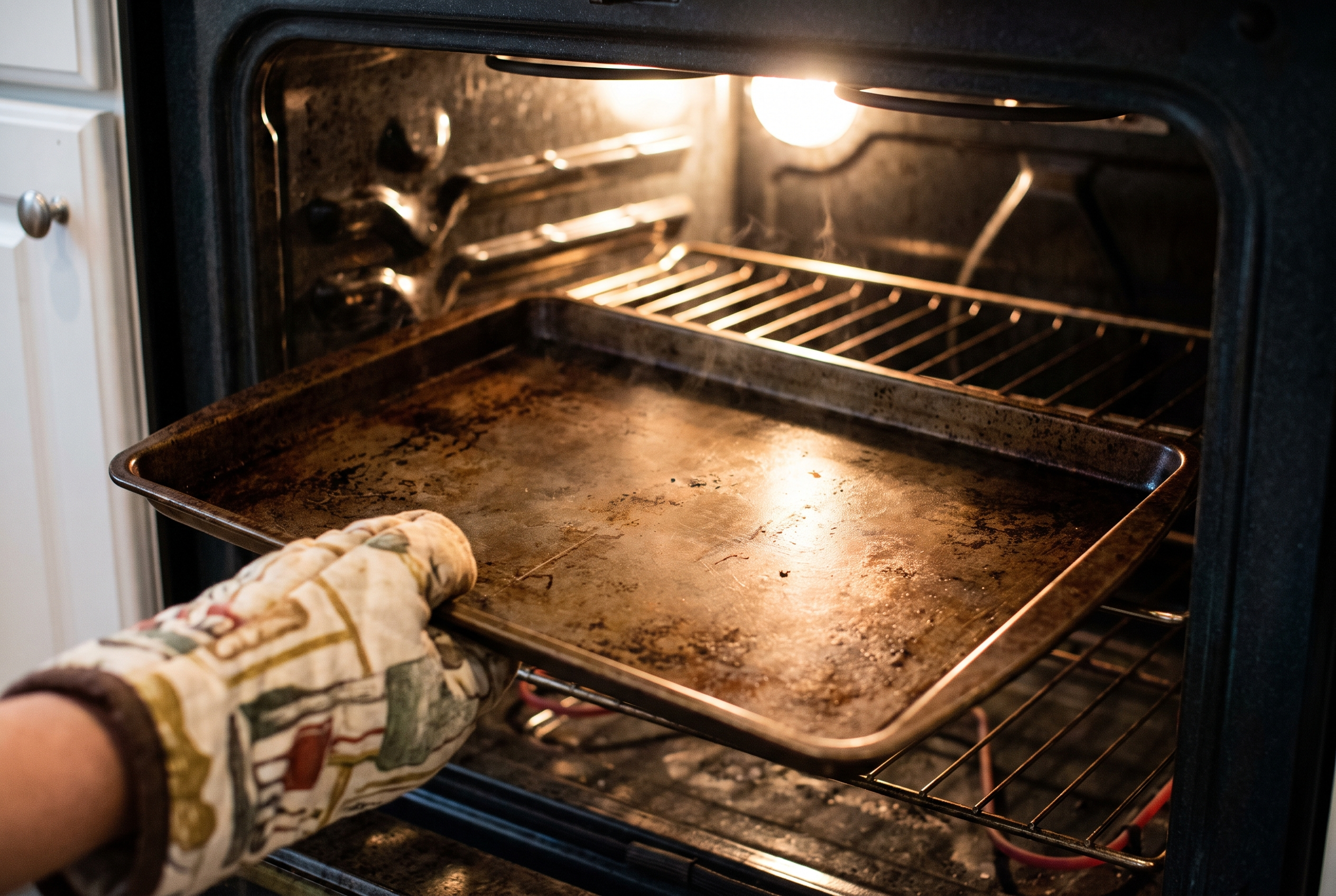Close-up process photo of an empty dark sheet pan going into a hot oven to preheat, warm kitchen light