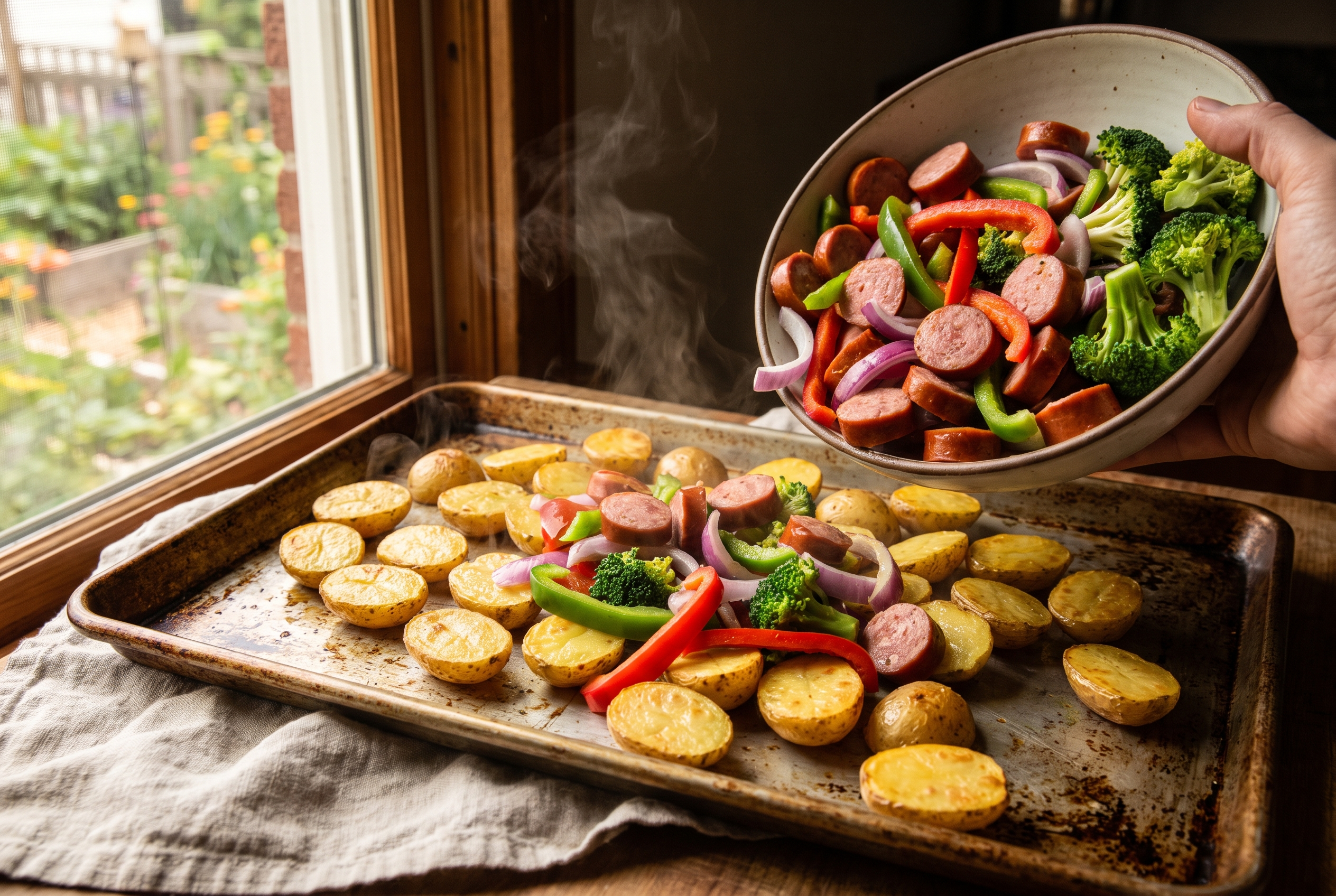 Close-up process photo of sliced smoked sausage, peppers, onion and broccoli being added to a sheet pan of half-roasted potatoes
