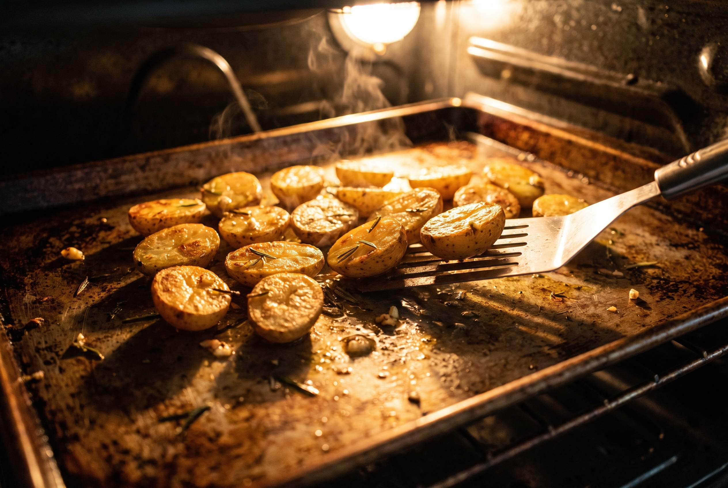Close-up process photo of halved baby potatoes roasting and turning golden on a sheet pan, oven light