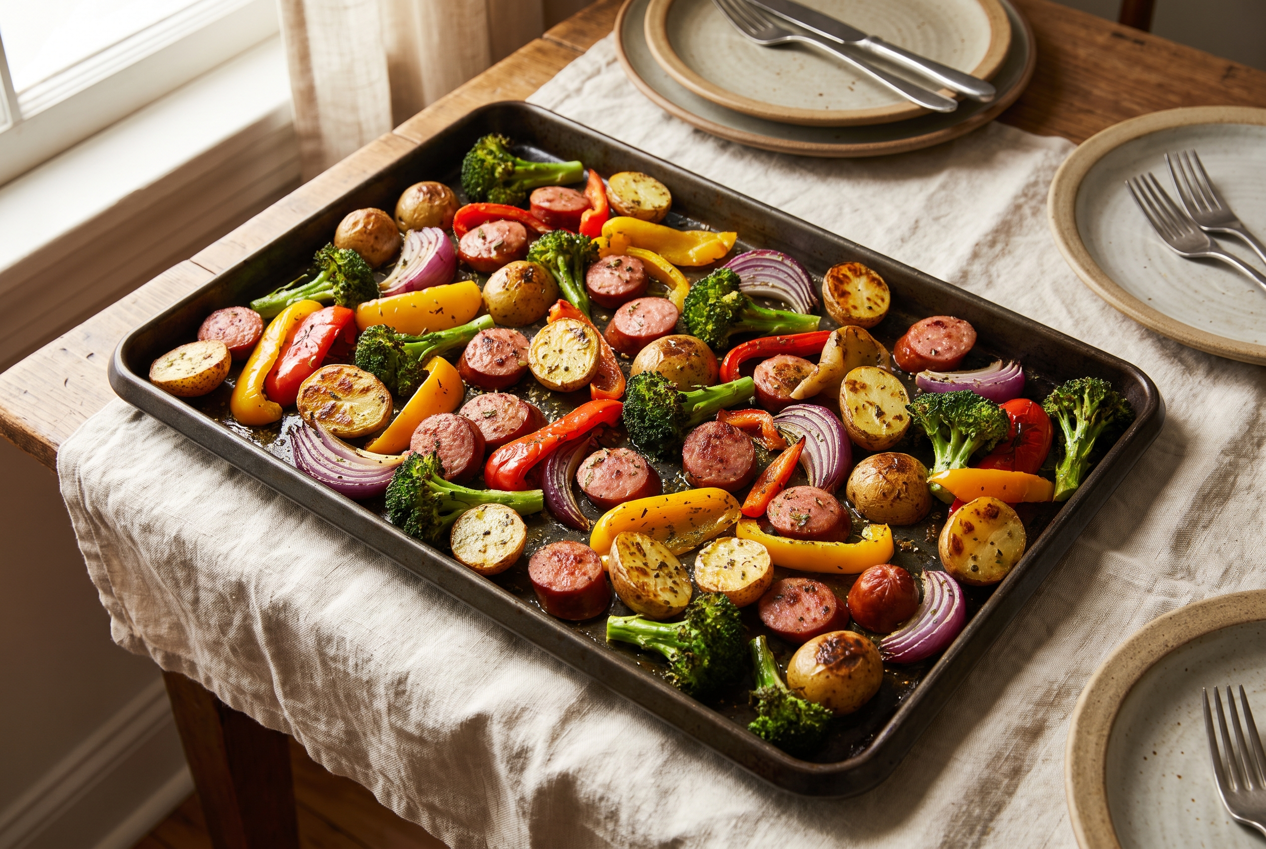 Sheet pan sausage and veggies with sliced smoked sausage, charred baby potatoes, bell peppers, red onion and broccoli on a single roasting pan, easy one pan dinner recipe