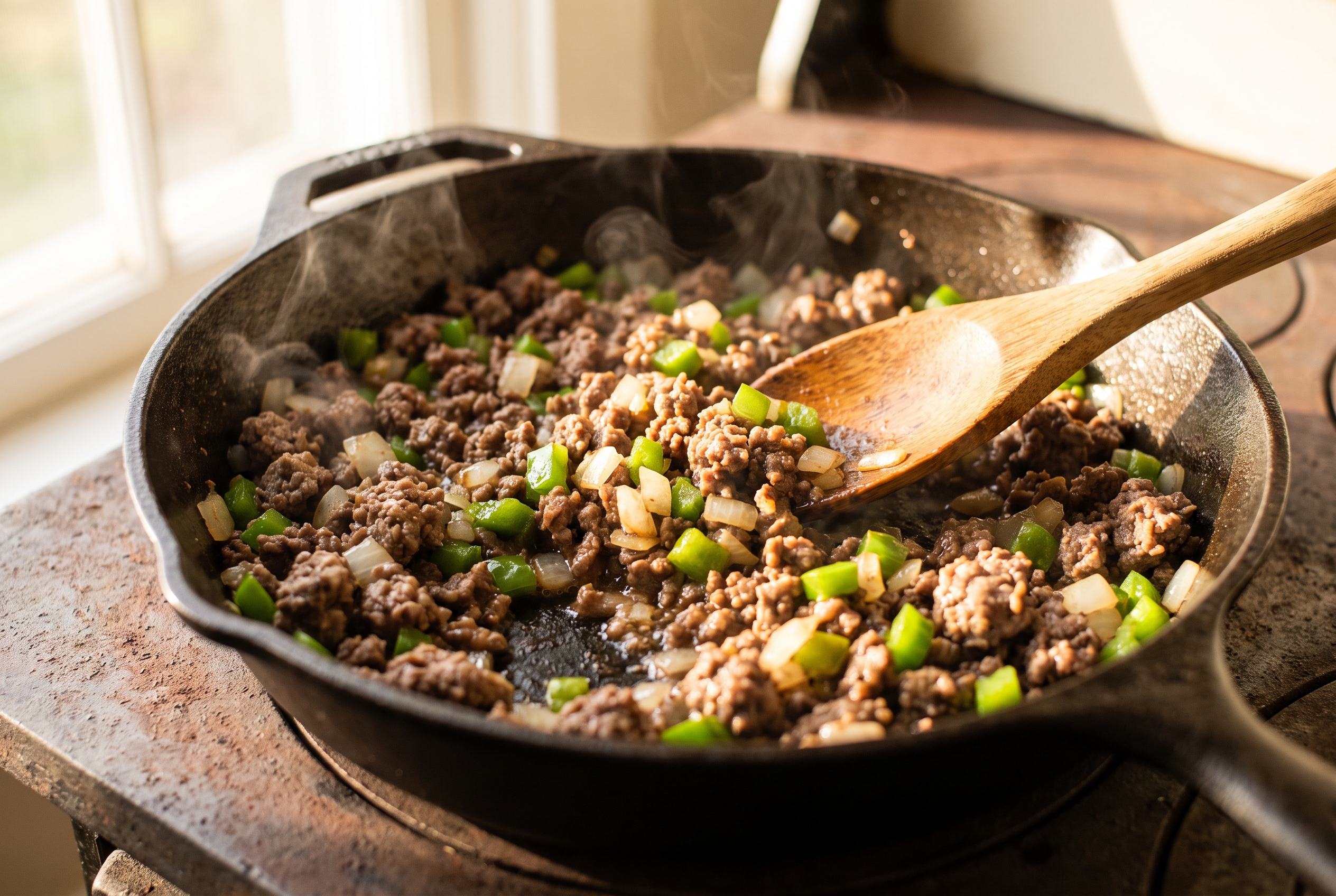 Close-up process photo of diced onion and green bell pepper softening with browned ground beef in a skillet