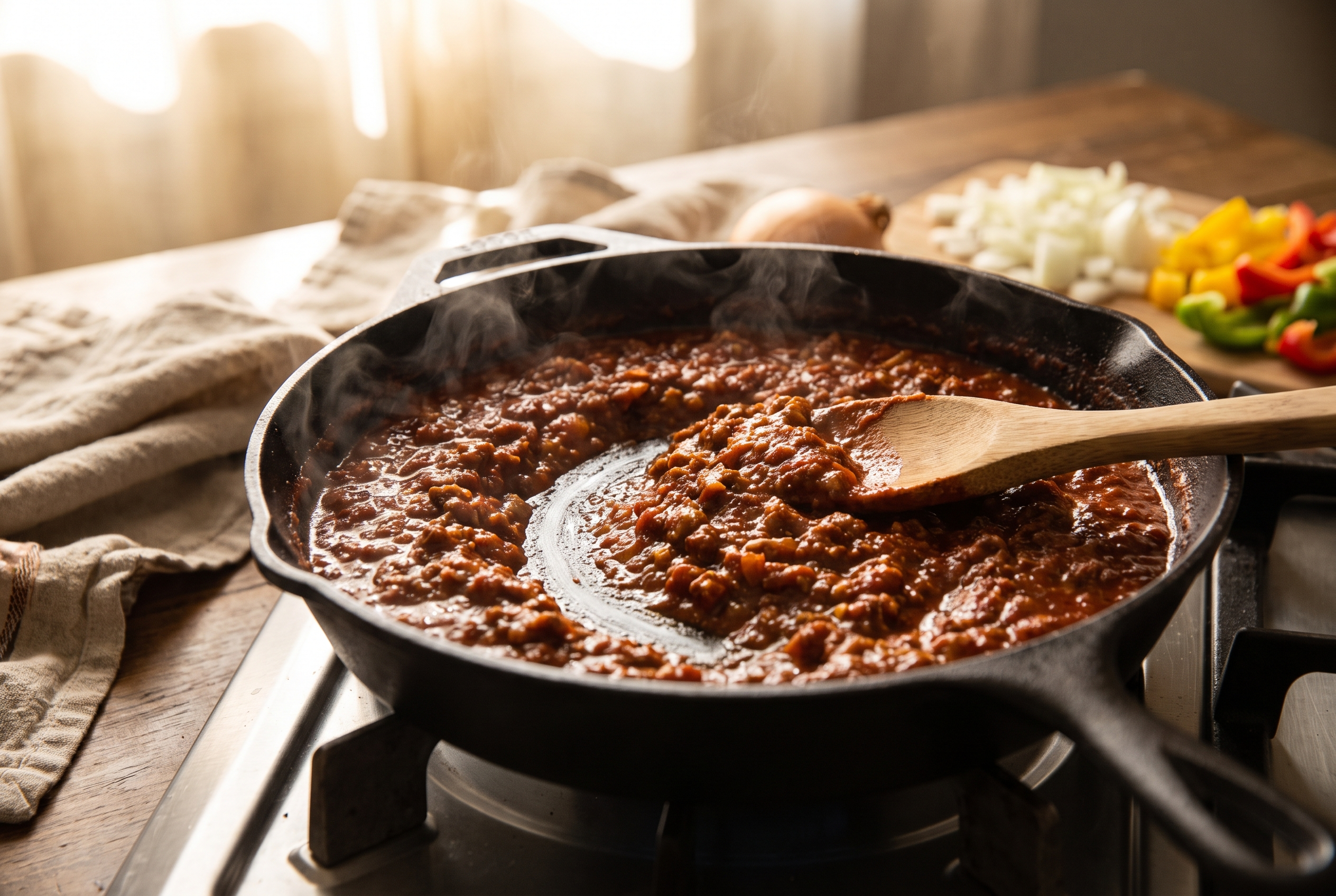 Close-up process photo of thick sloppy joe mixture simmering in a skillet with a spoon dragged through to show the channel it leaves