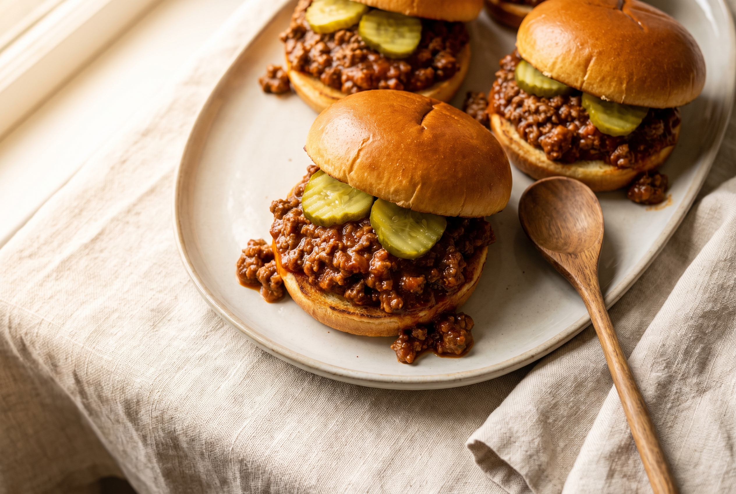 Homemade sloppy joes piled on toasted brioche buns with sweet tangy ground beef sauce dripping down the side, easy 25-minute comfort food recipe