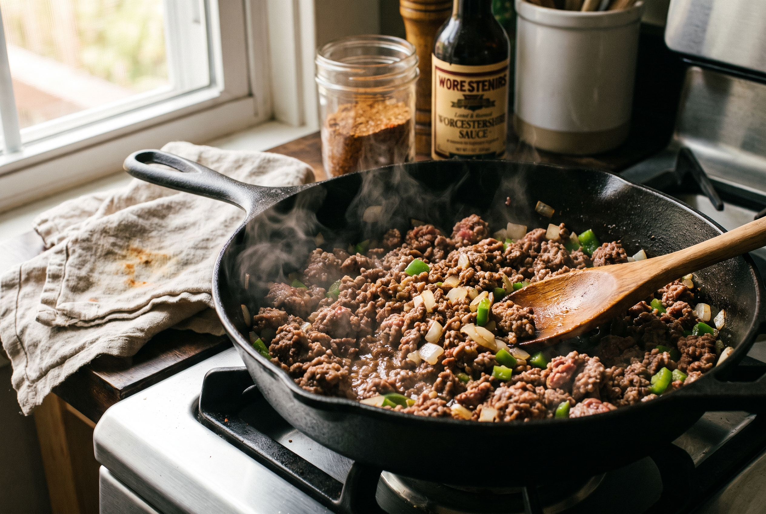 Close-up process photo of ground beef browning and crumbling in a large skillet for homemade sloppy joes, warm window light