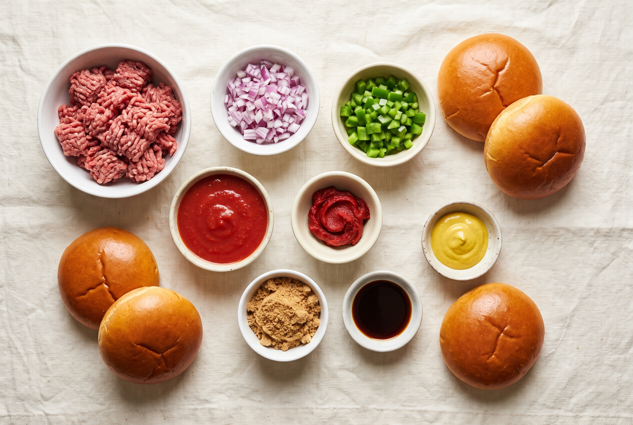 Overhead flat-lay of ingredients for homemade sloppy joes in small white bowls — ground beef, onion, green pepper, tomato sauce, tomato paste, brown sugar, Worcestershire sauce, mustard and brioche buns