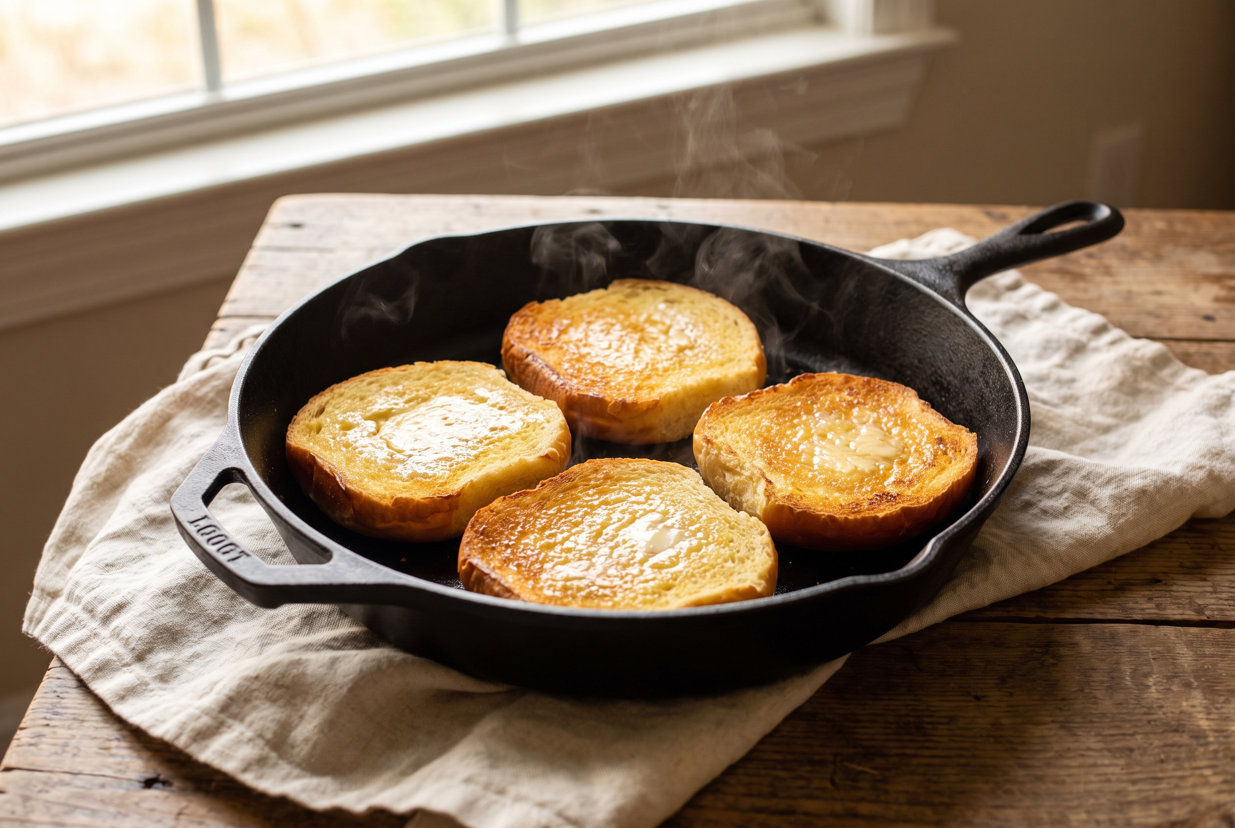 Close-up process photo of buttered brioche bun halves toasting golden in a dry skillet, cream linen