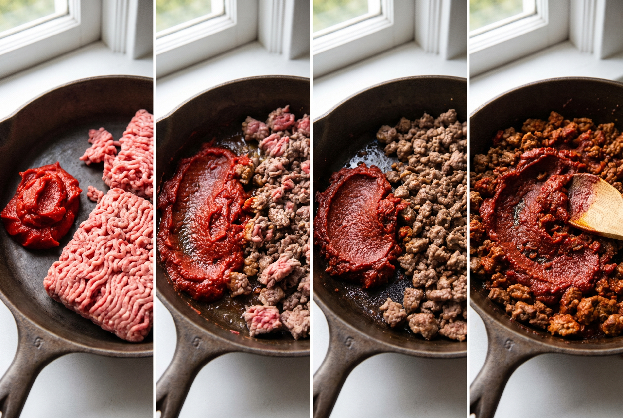 Close-up process photo of tomato paste darkening from red to brick in the bare side of a skillet beside ground beef