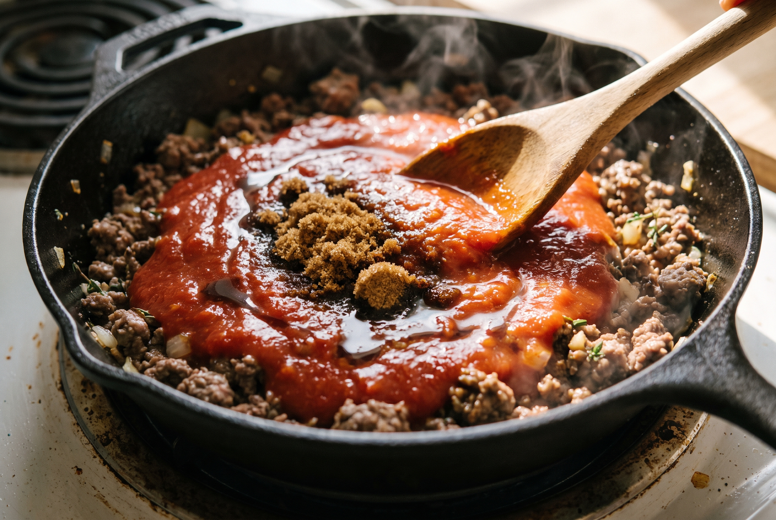 Close-up process photo of tomato sauce, brown sugar and Worcestershire being stirred into seasoned ground beef in a skillet
