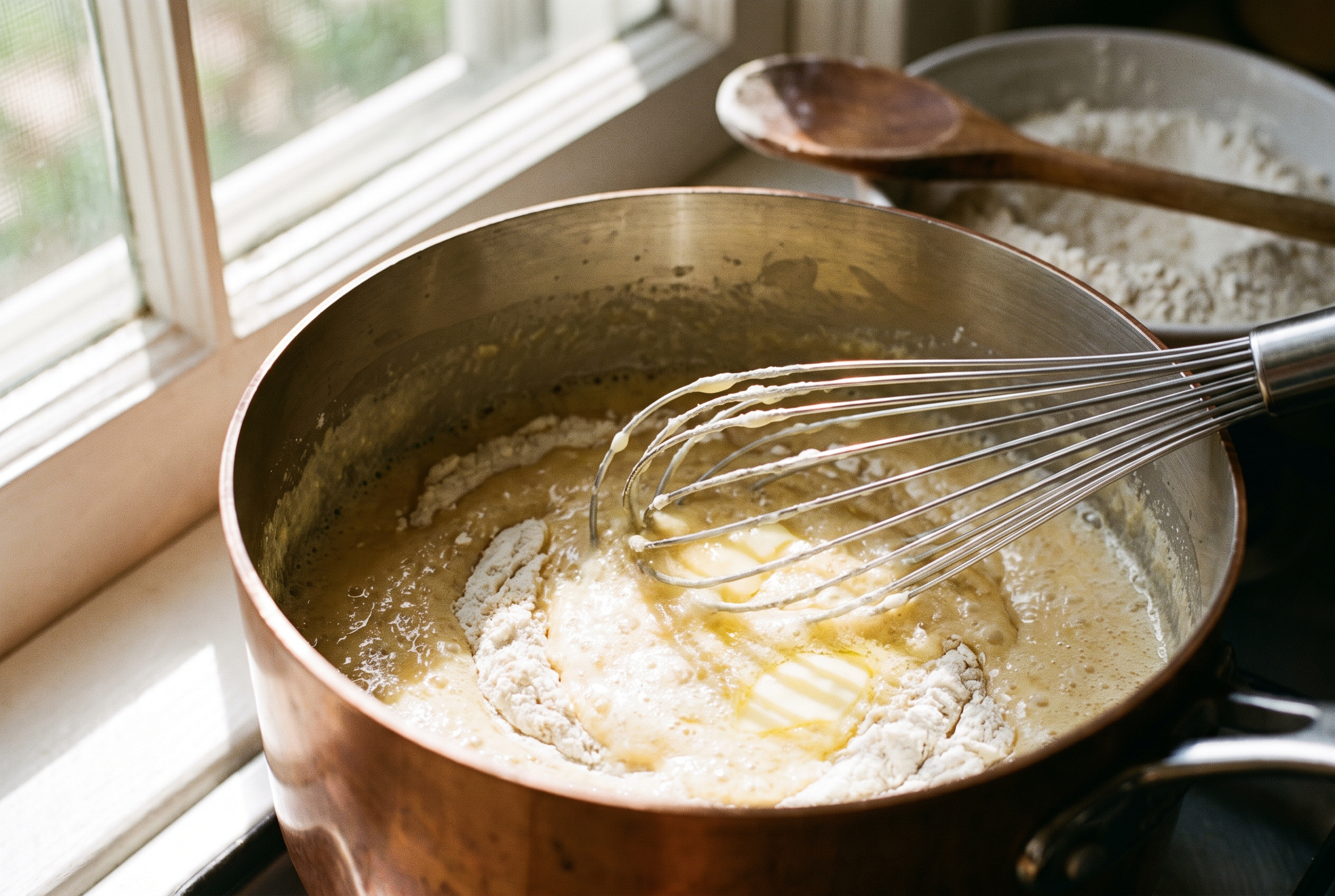 Close-up process photo of butter and flour being whisked into a pale golden roux in a saucepan, warm window light