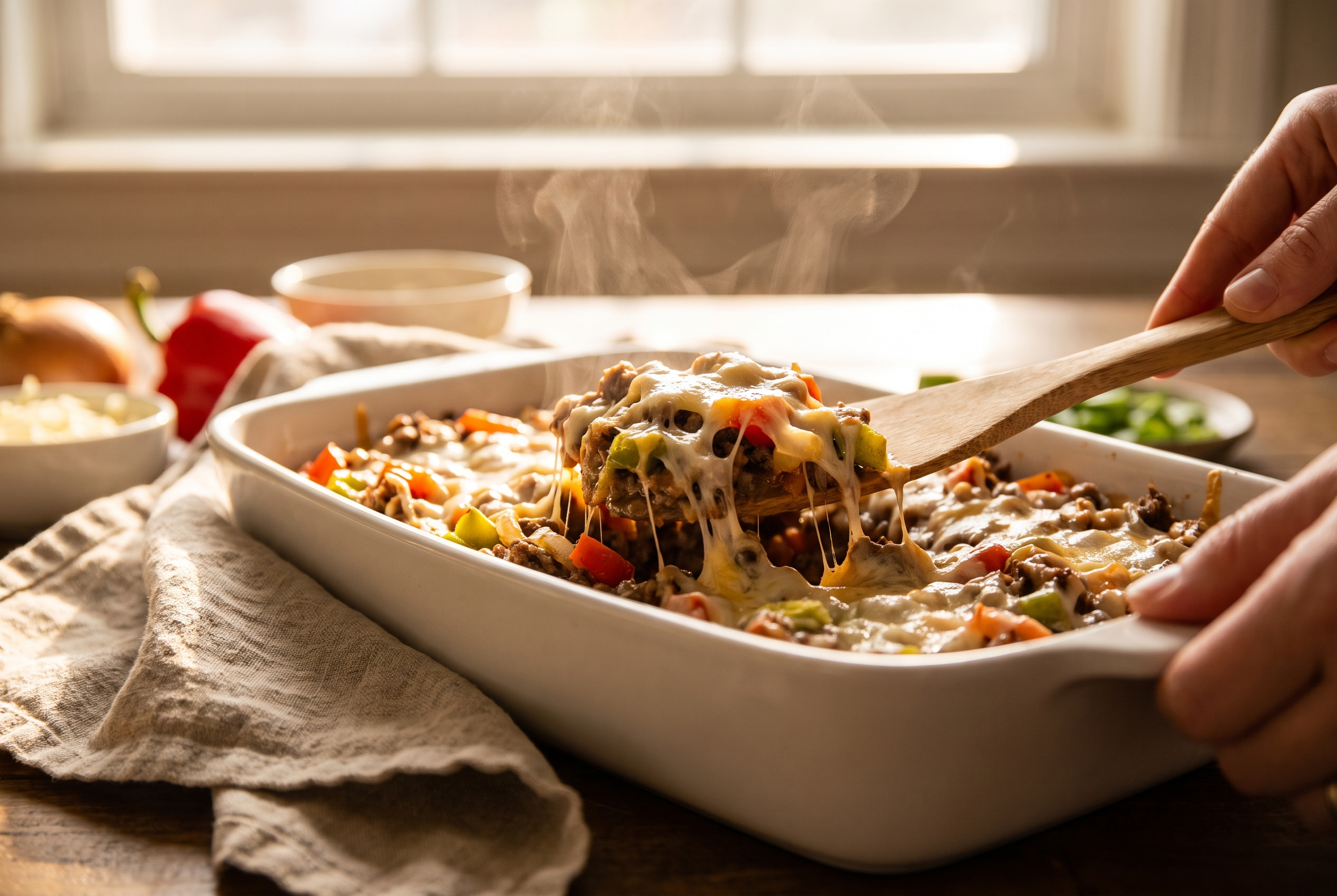 Close-up process photo of cheesy ground beef and vegetable filling being spread level in a white 9x13 baking dish