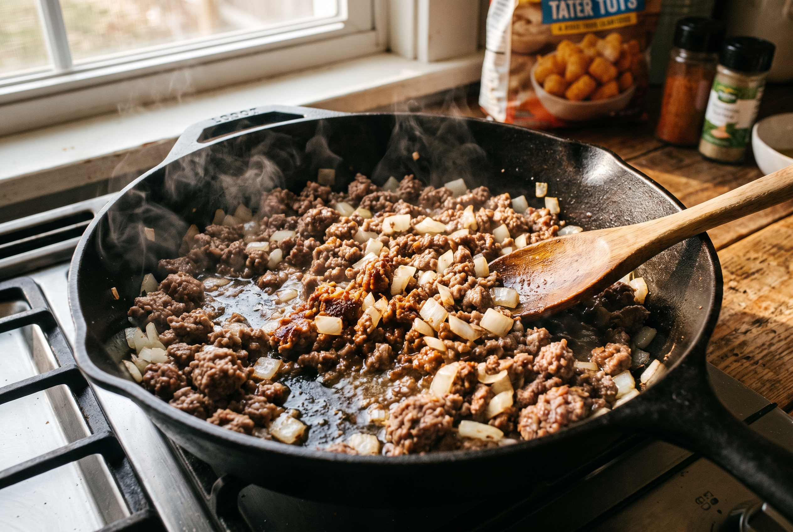 Close-up process photo of ground beef and diced onion browning together in a large skillet for tater tot casserole