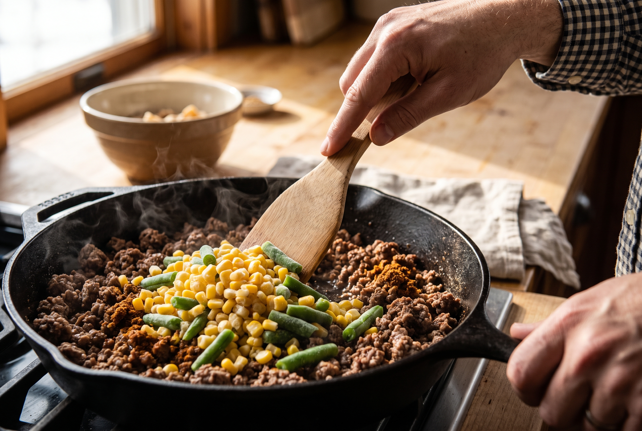 Close-up process photo of frozen corn and green beans being folded into seasoned browned ground beef in a skillet