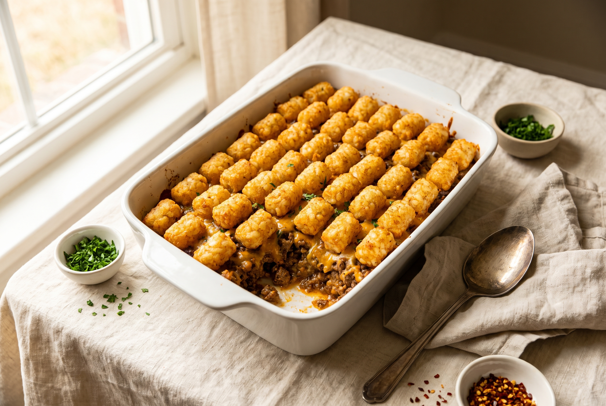 Tater tot casserole in a white baking dish with golden crispy tater tots over cheesy seasoned ground beef, easy comfort food recipe with no canned soup