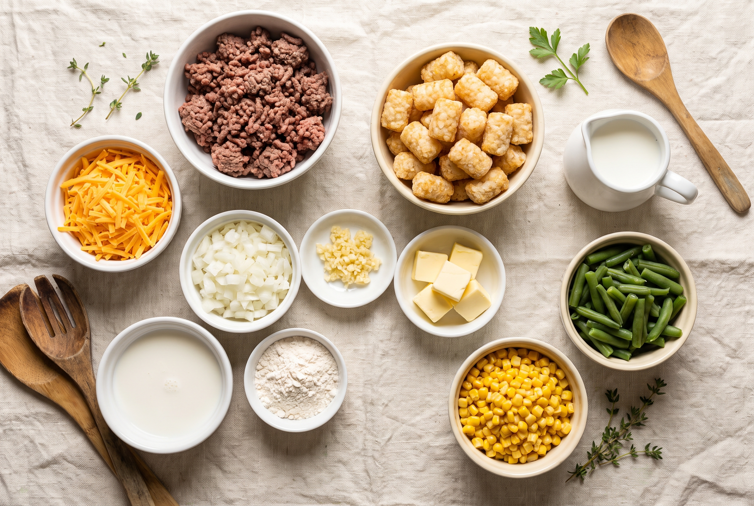 Overhead flat-lay of ingredients for tater tot casserole in small white bowls — ground beef, frozen tater tots, cheddar cheese, onion, garlic, butter, flour, milk, corn and green beans