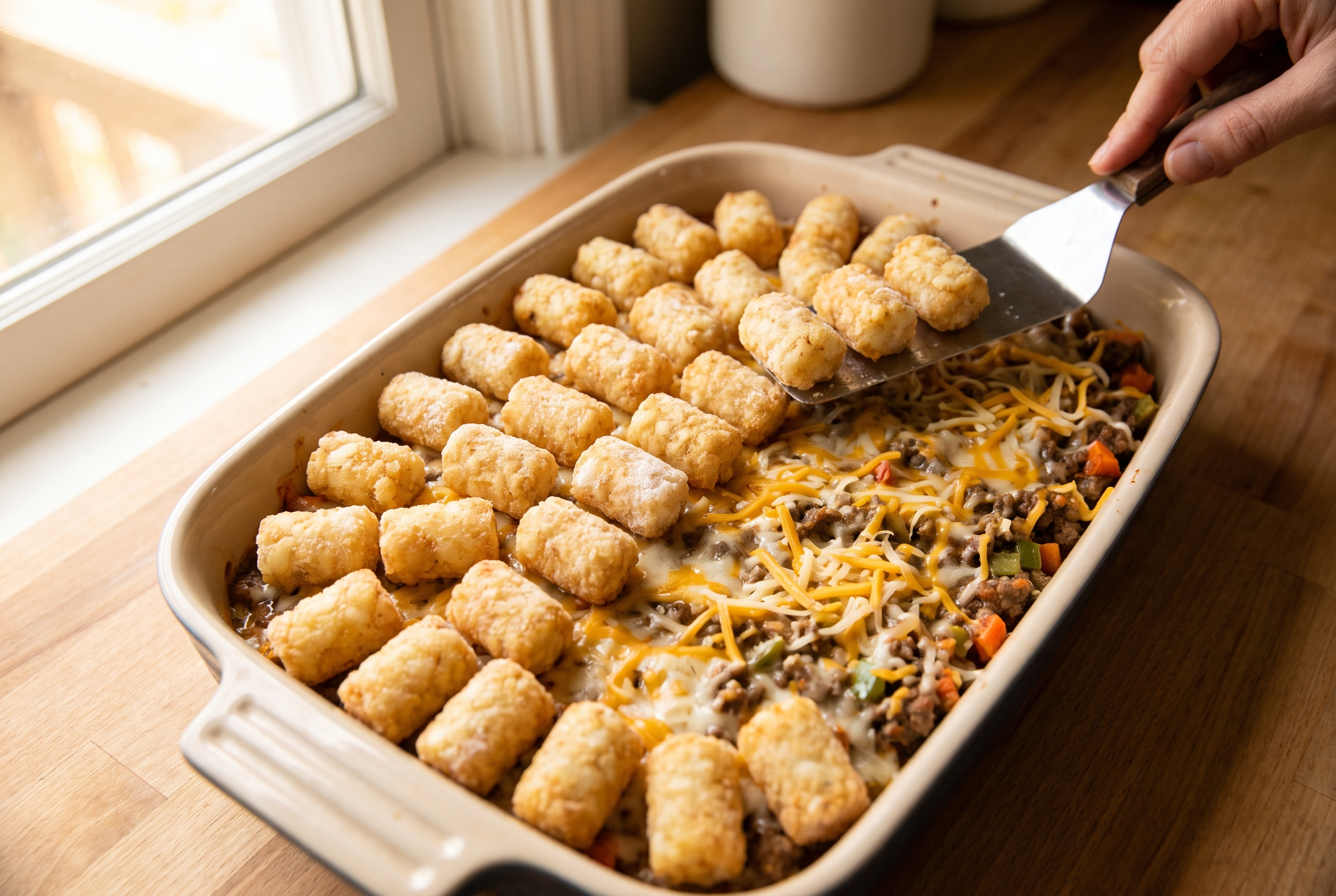 Close-up process photo of frozen tater tots arranged in a single neat layer over cheesy beef filling in a baking dish before baking