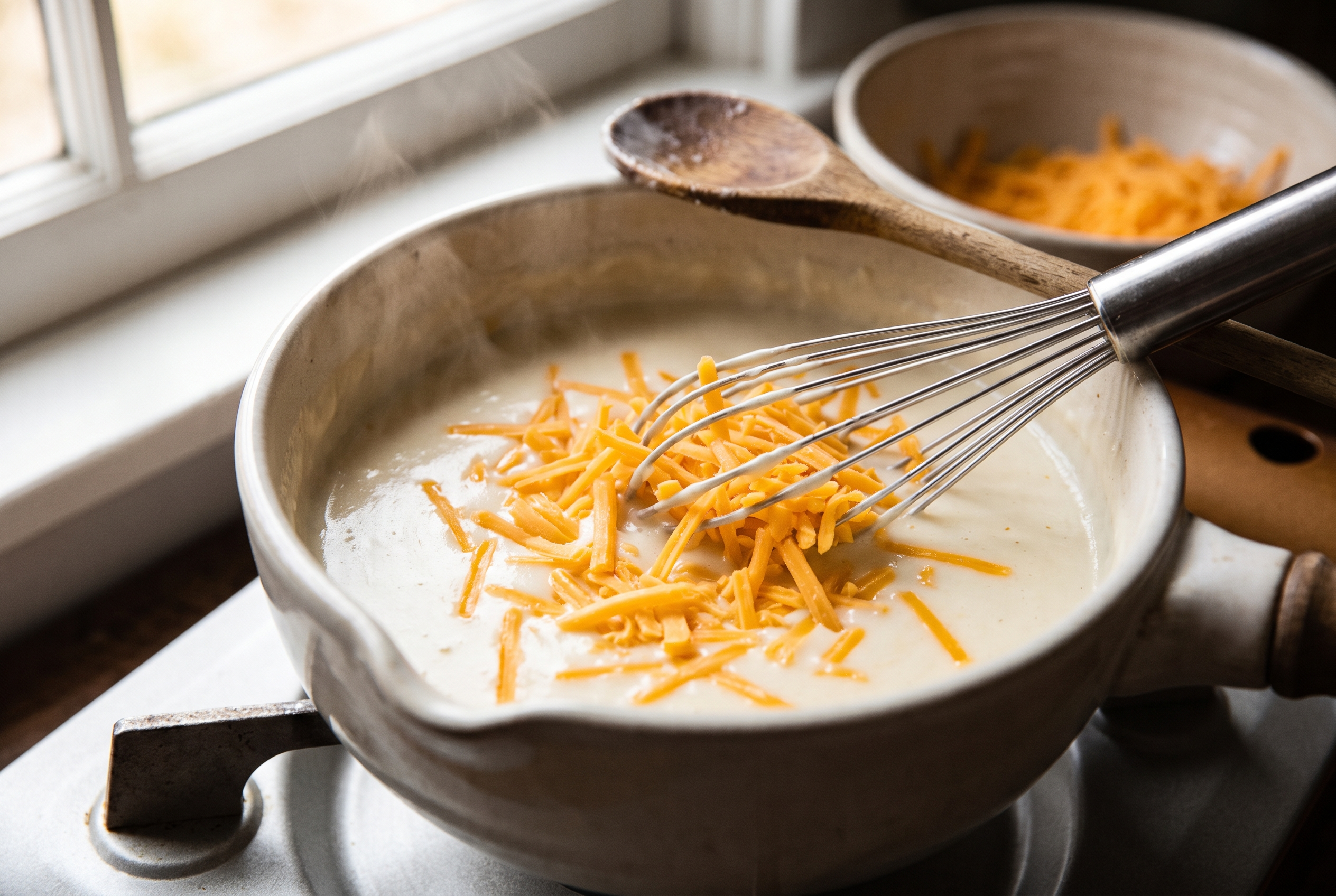 Close-up process photo of shredded cheddar being whisked into a thickened white sauce off the heat, smooth and glossy