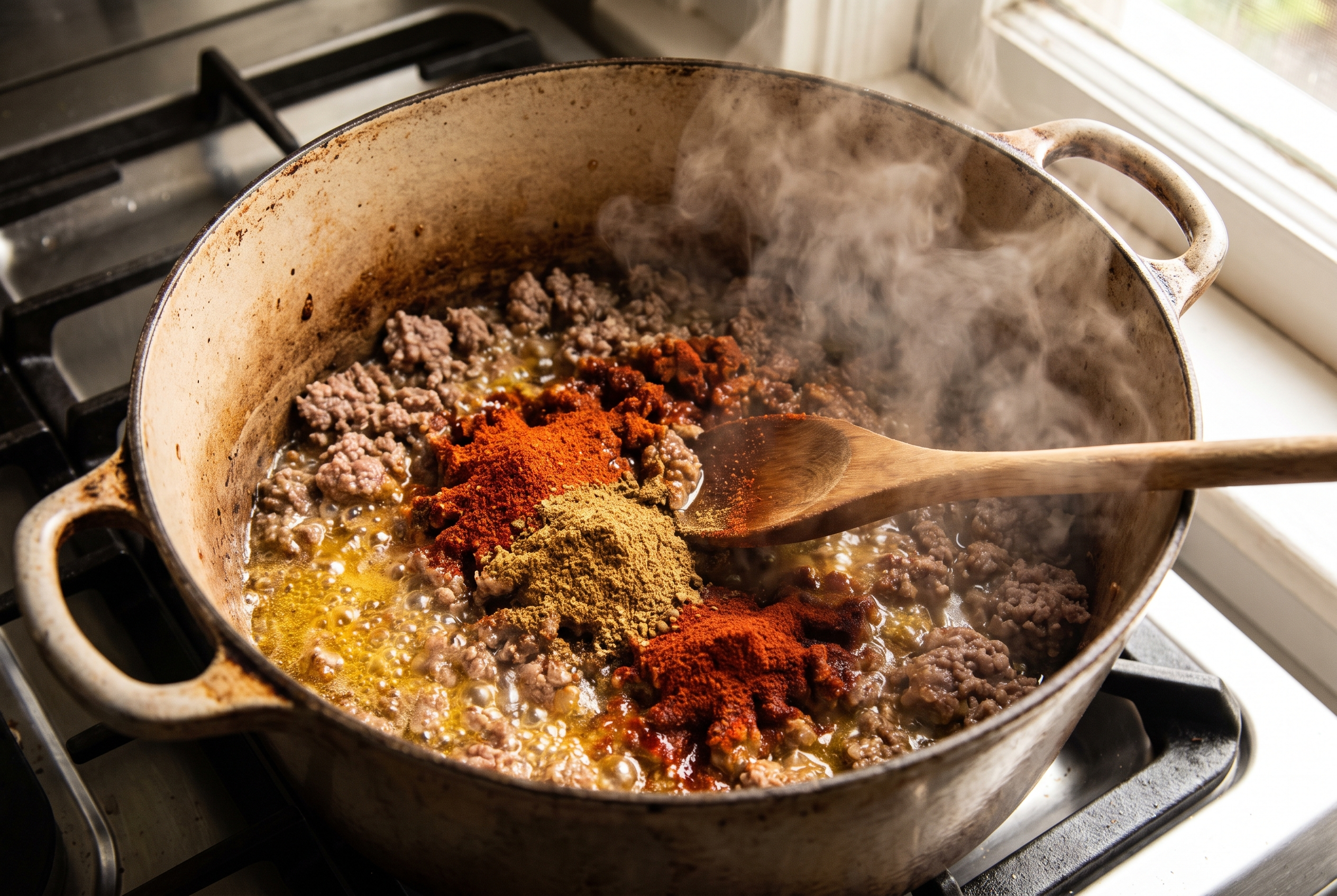 Close-up process photo of chili powder, cumin and paprika blooming in hot fat with ground beef in a Dutch oven, warm light
