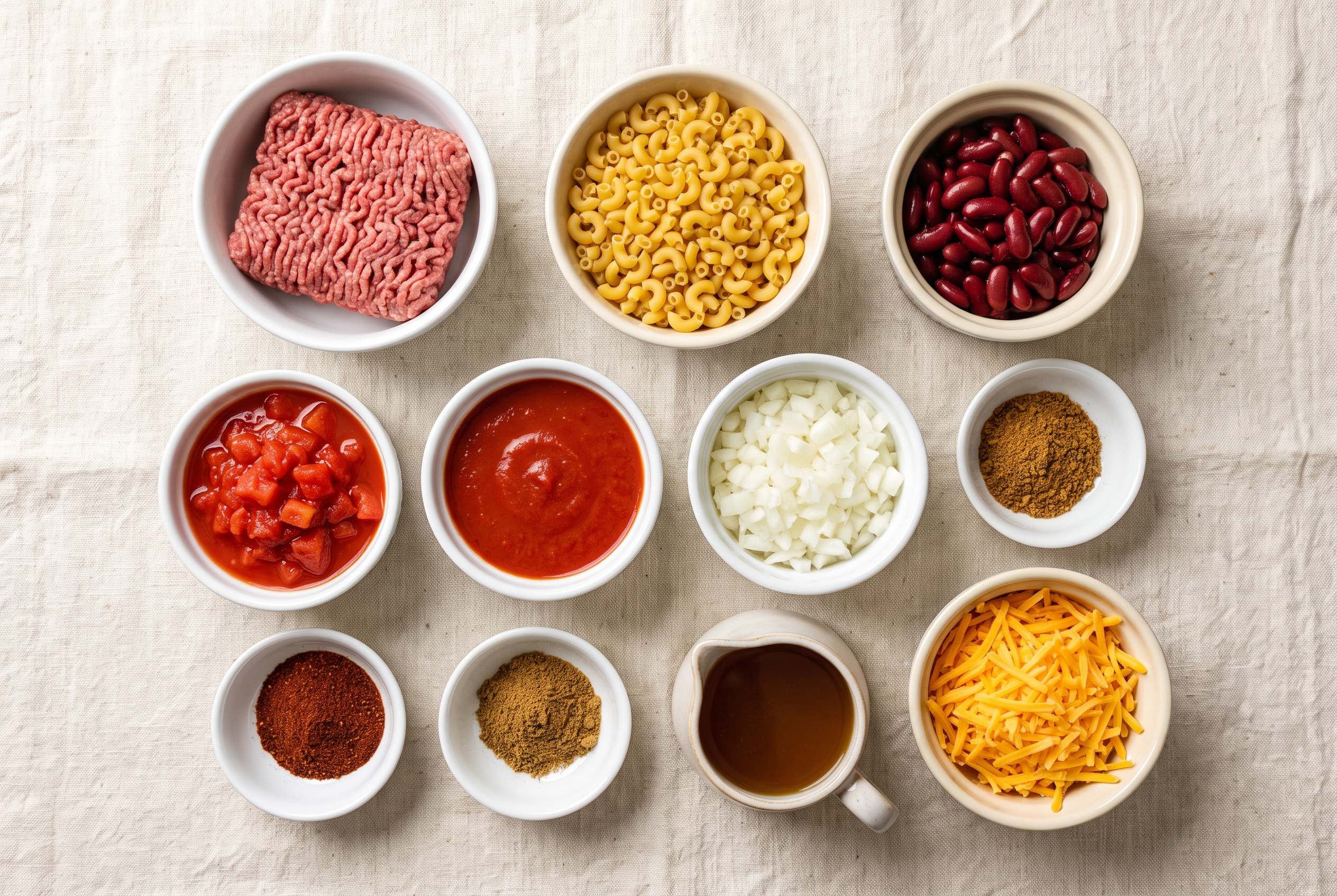 Overhead flat-lay of ingredients for one pot chili mac in small white bowls — ground beef, elbow macaroni, kidney beans, diced tomatoes, tomato sauce, onion, chili powder, cumin, beef broth and shredded cheddar