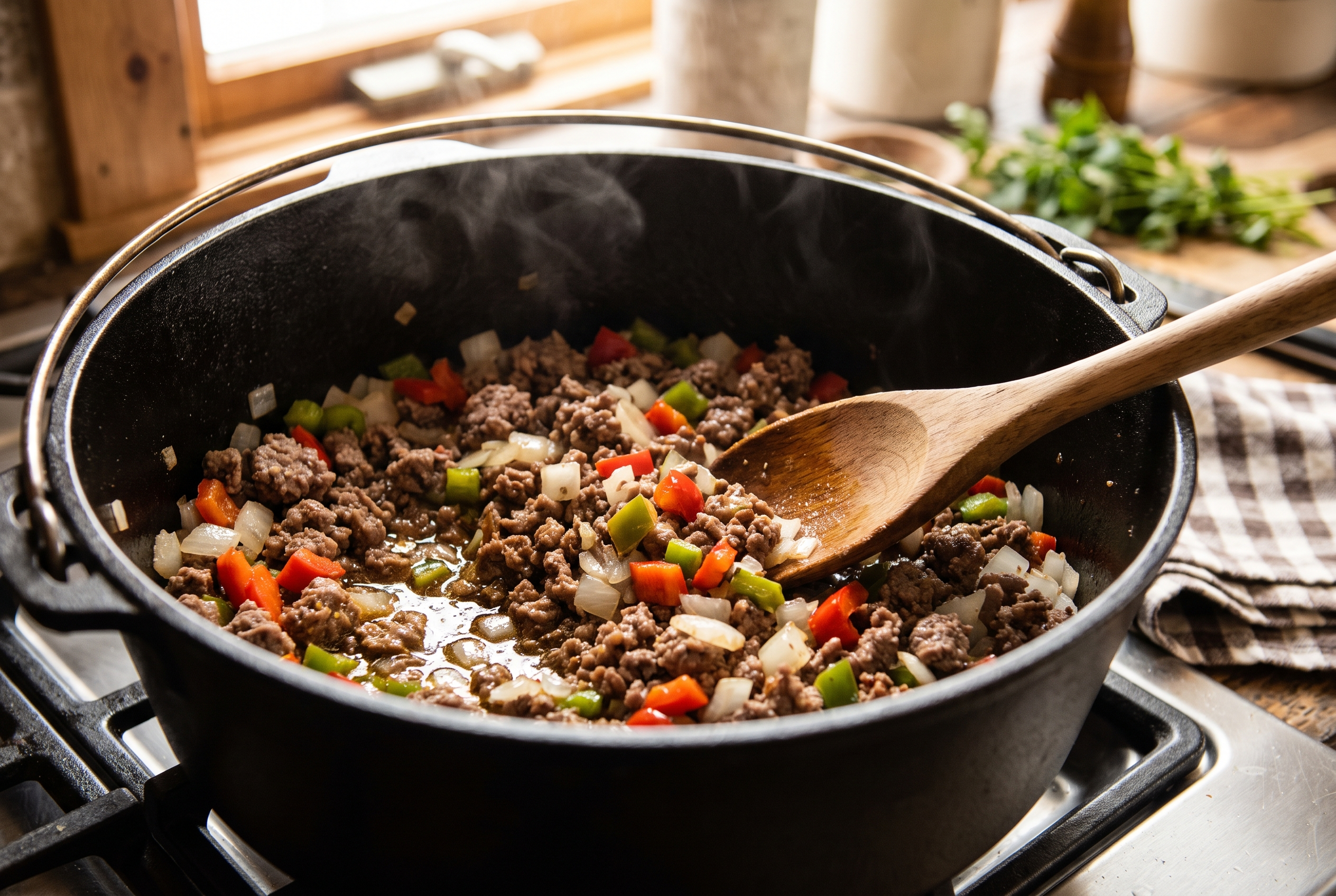 Close-up process photo of diced onion and bell pepper softening with browned ground beef in a Dutch oven