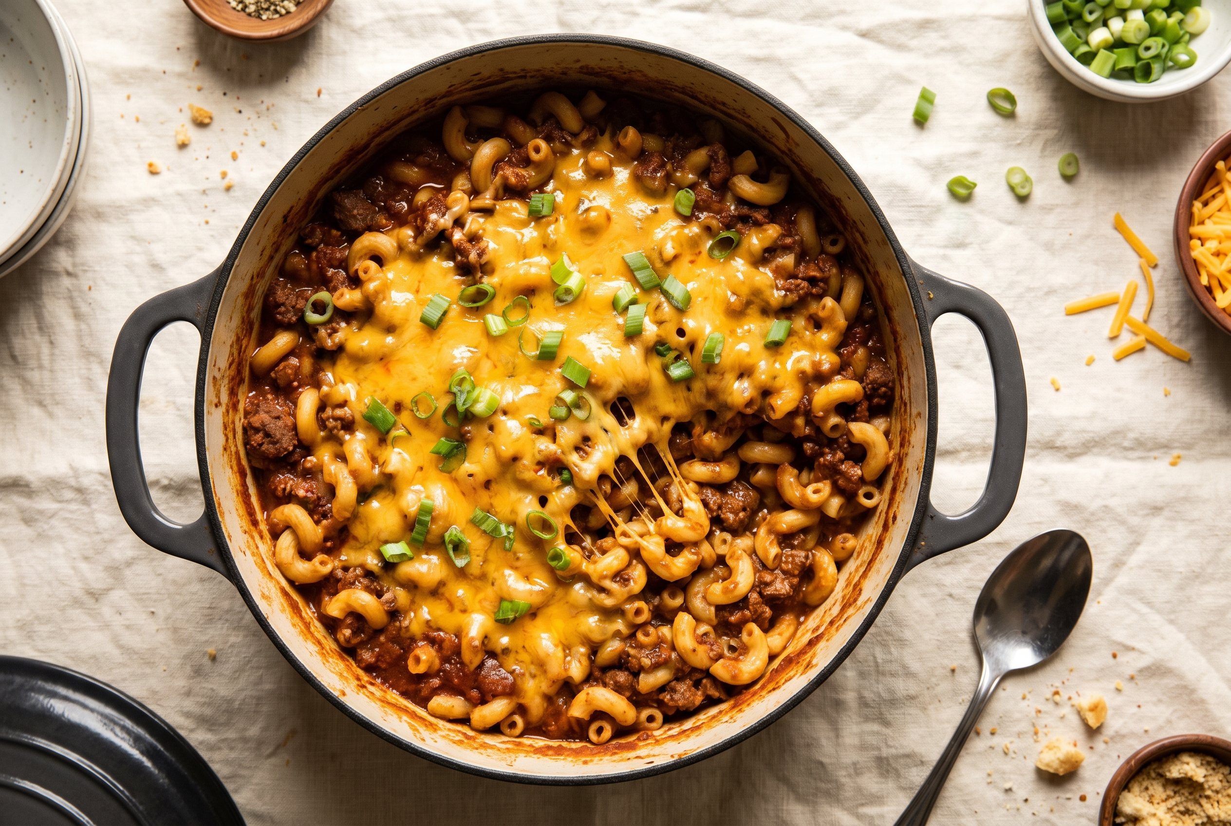 One pot chili mac in a cast iron pot with elbow macaroni in thick beef chili under melted cheddar cheese and scallions, easy 30-minute comfort food recipe