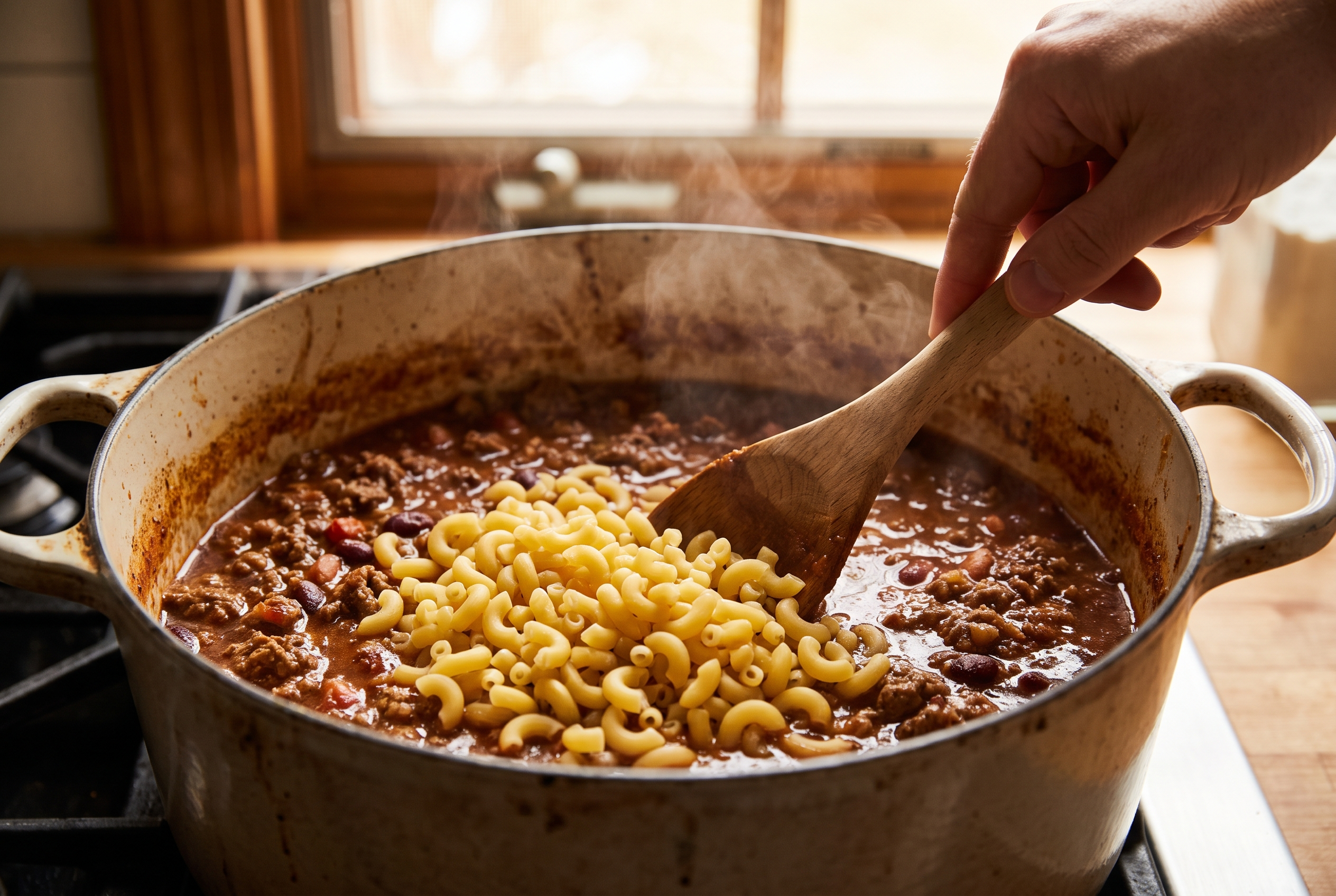 Close-up process photo of dry elbow macaroni being stirred into simmering beef chili in a Dutch oven
