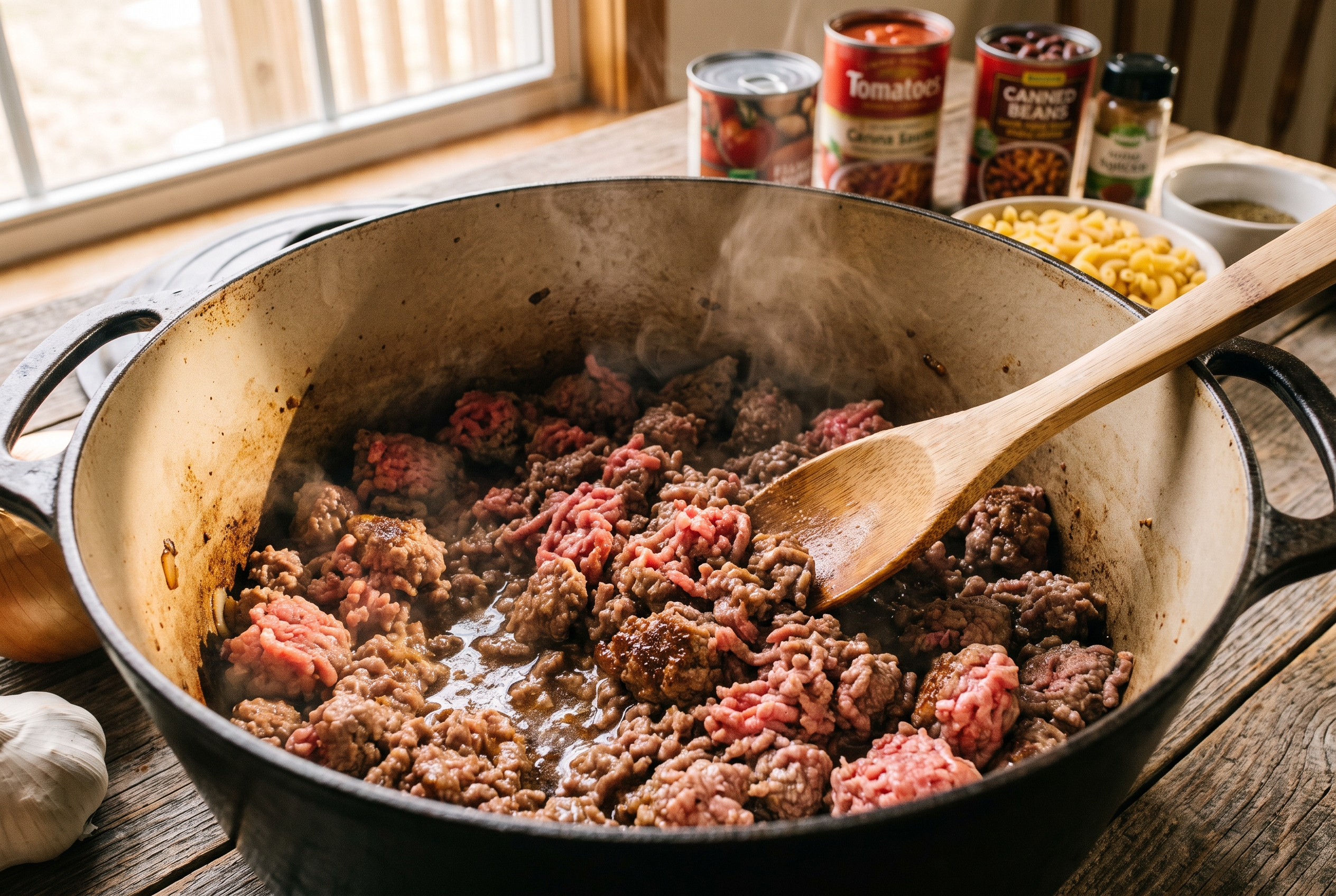 Close-up process photo of ground beef browning in a large cast iron Dutch oven for one pot chili mac