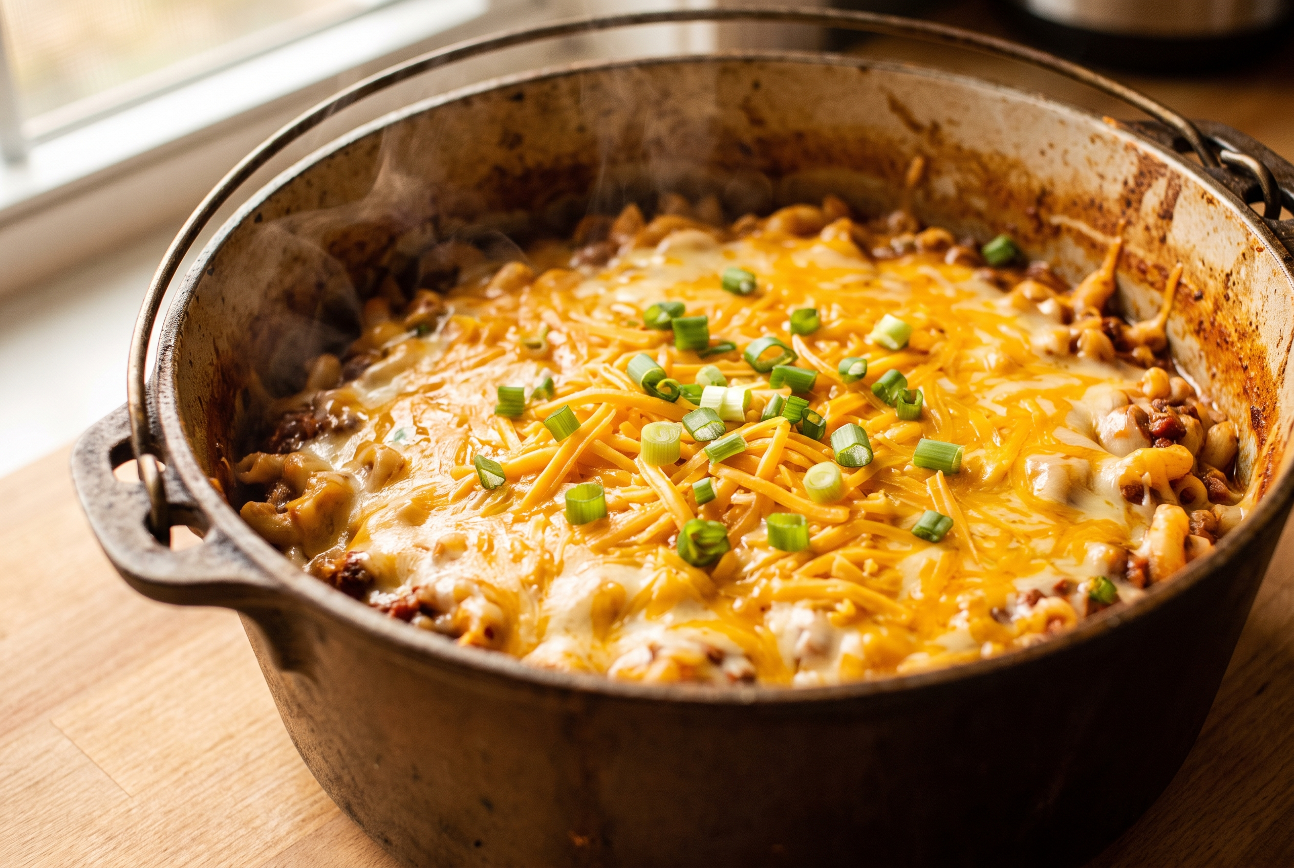 Close-up process photo of shredded cheddar melting in a blanket over chili mac in a Dutch oven with scallions scattered on top