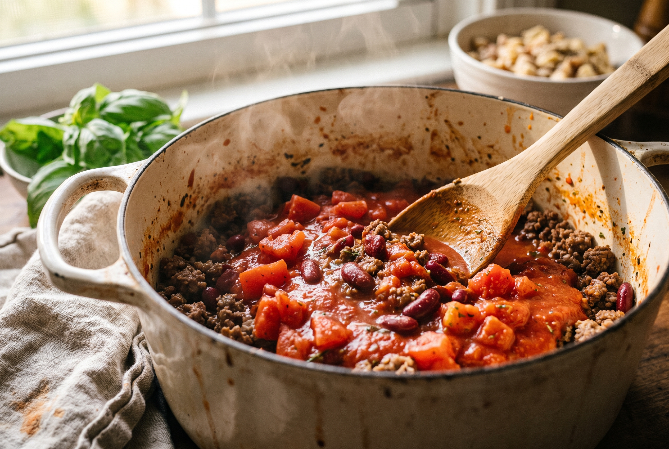 Close-up process photo of diced tomatoes, tomato sauce and kidney beans being stirred into seasoned beef in a Dutch oven