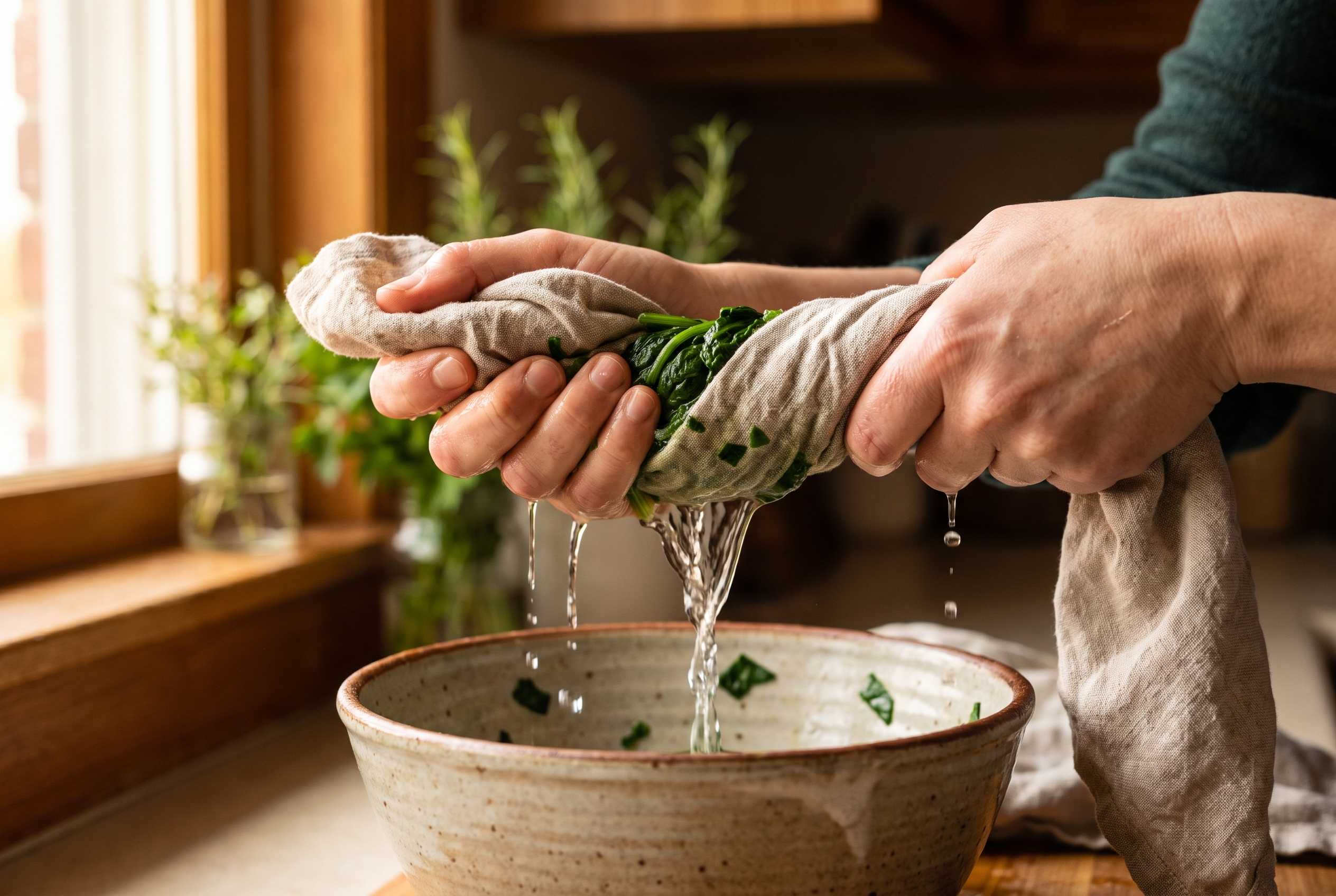 Close-up process photo of thawed spinach being wrung out hard in a clean kitchen towel over a bowl, water visible