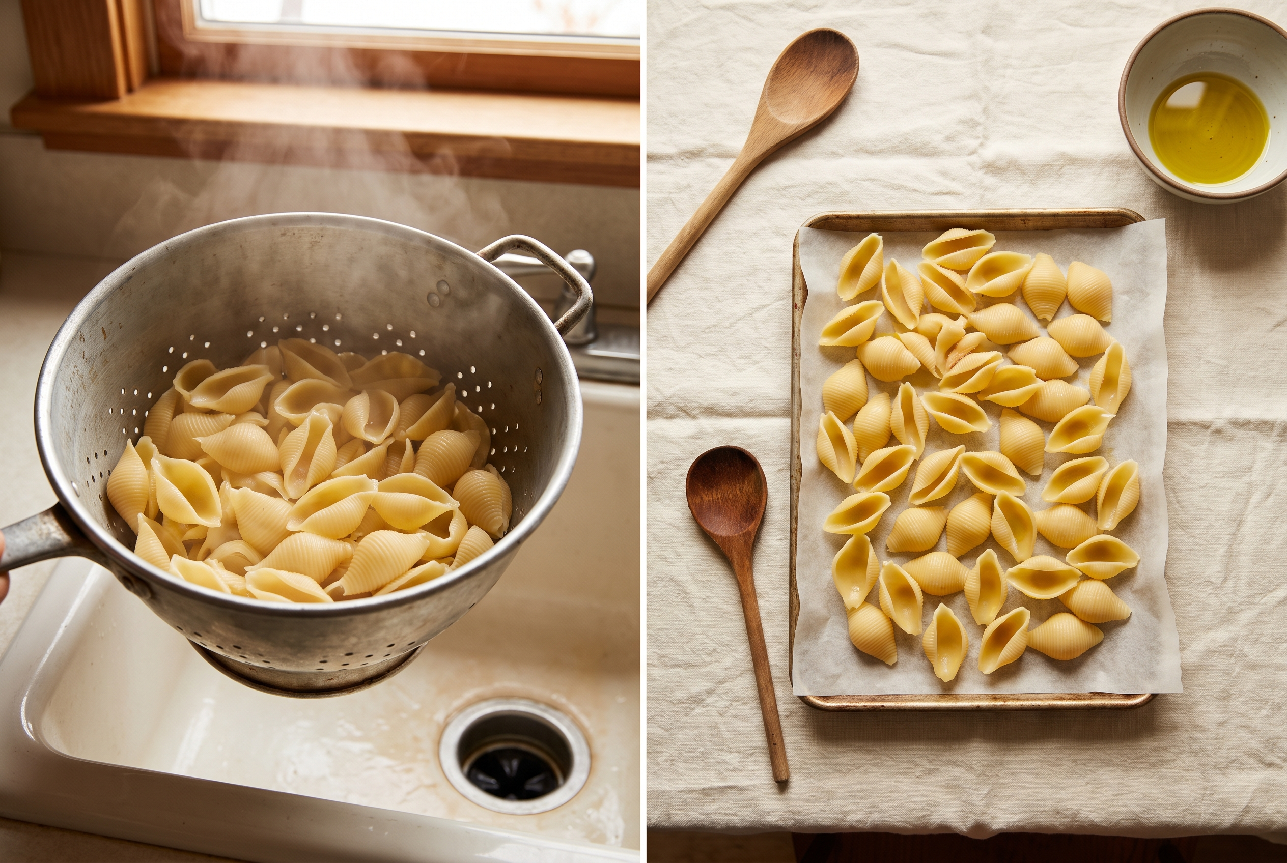 Close-up process photo of jumbo pasta shells draining and spread on a sheet pan to cool, cream linen background